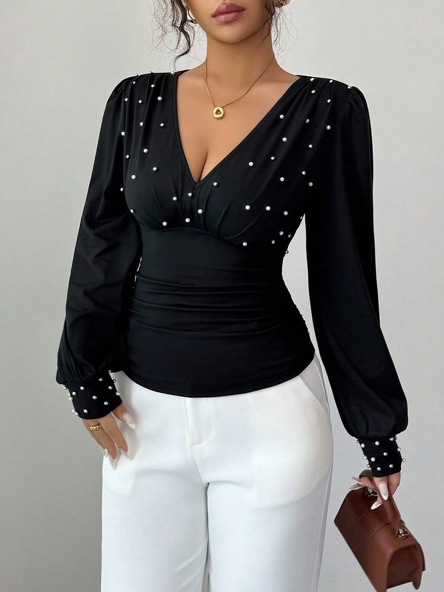 Ruched Faux Pearl Decor Long Sleeves Blouse Black/XS