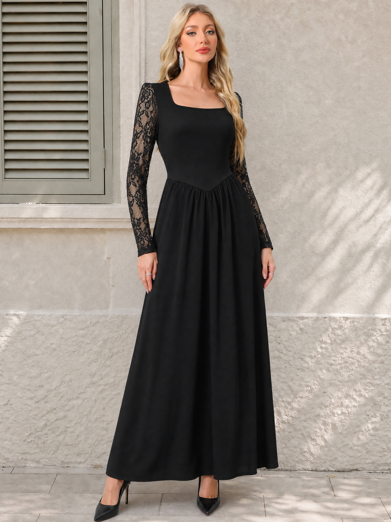 Square Neck Sheer Lace Long Sleeves A-Line Dress Black/S