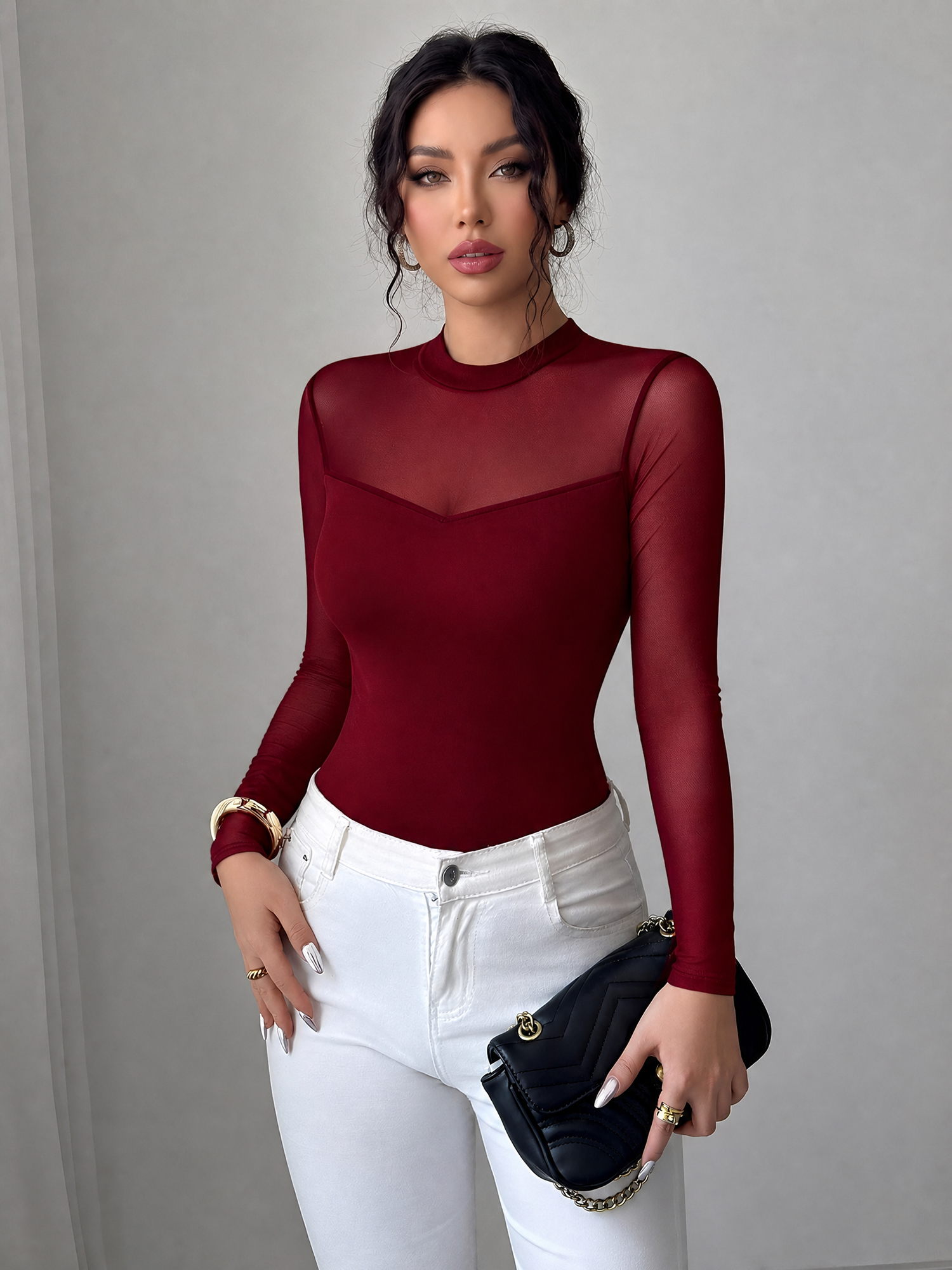 Mock Neck Mesh Sheer Long Sleeves Blouse Burgundy/S