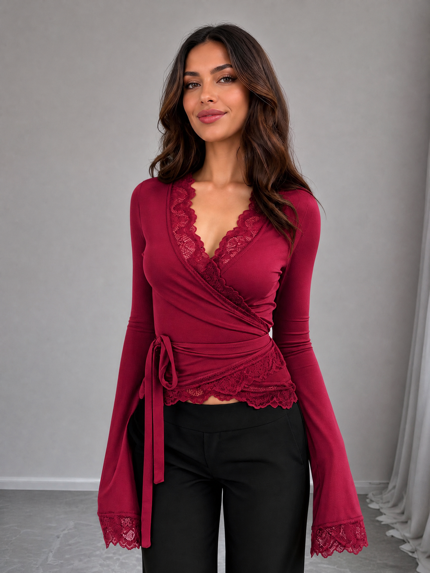 Lace Trim Long Sleeves Lace-Up Wrap Blouse Red/XS
