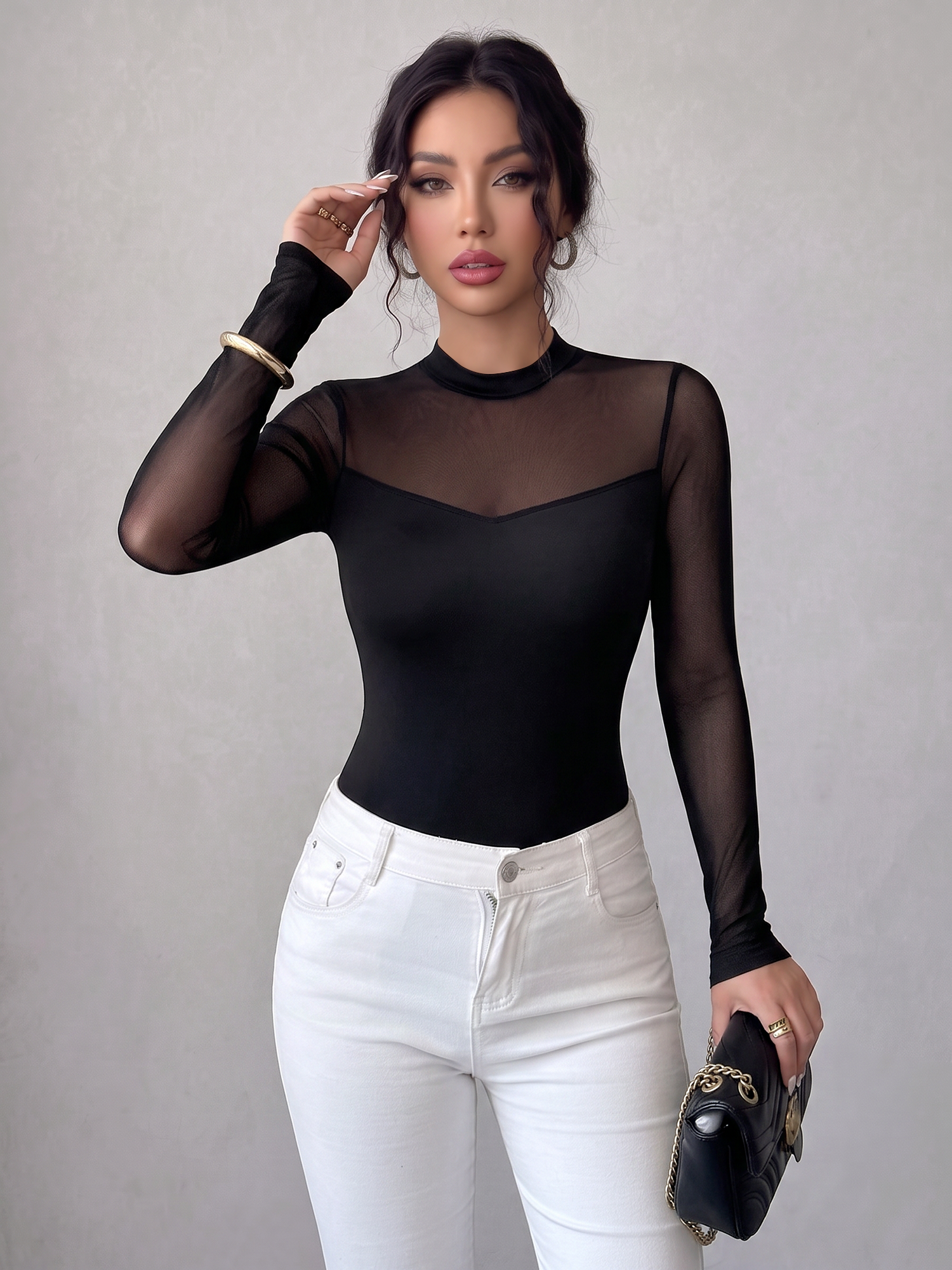 Mock Neck Mesh Sheer Long Sleeves Blouse Black/M
