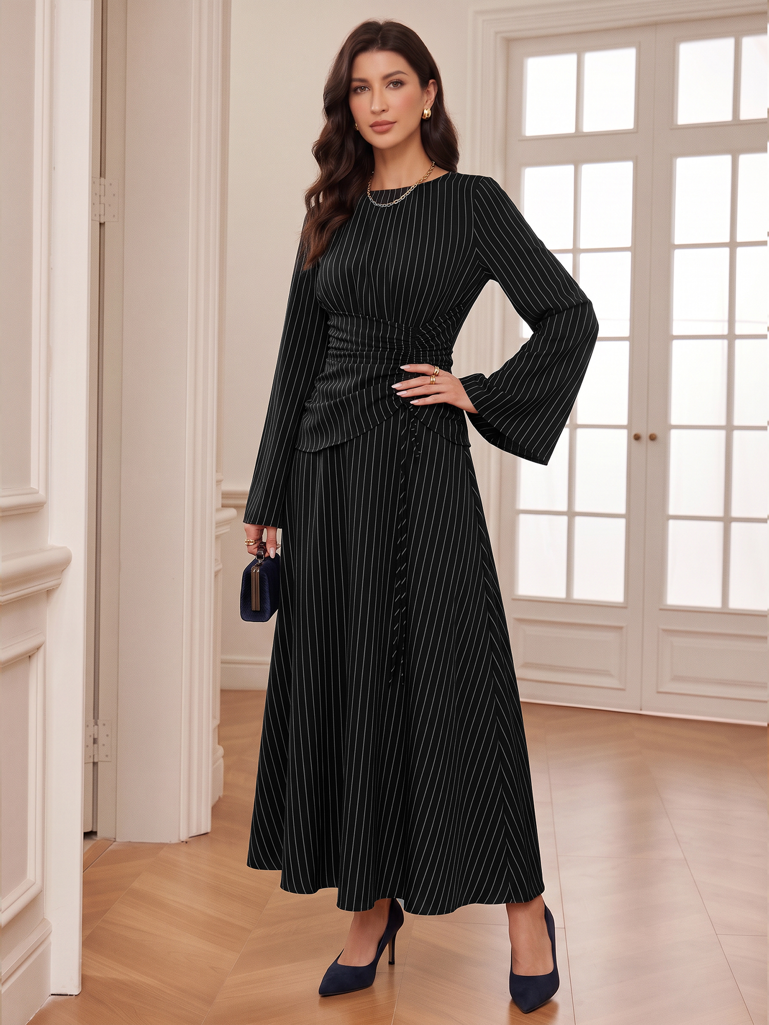 Vertical Striped Long Sleeve Smocked Waist Maxi Dress Black/M