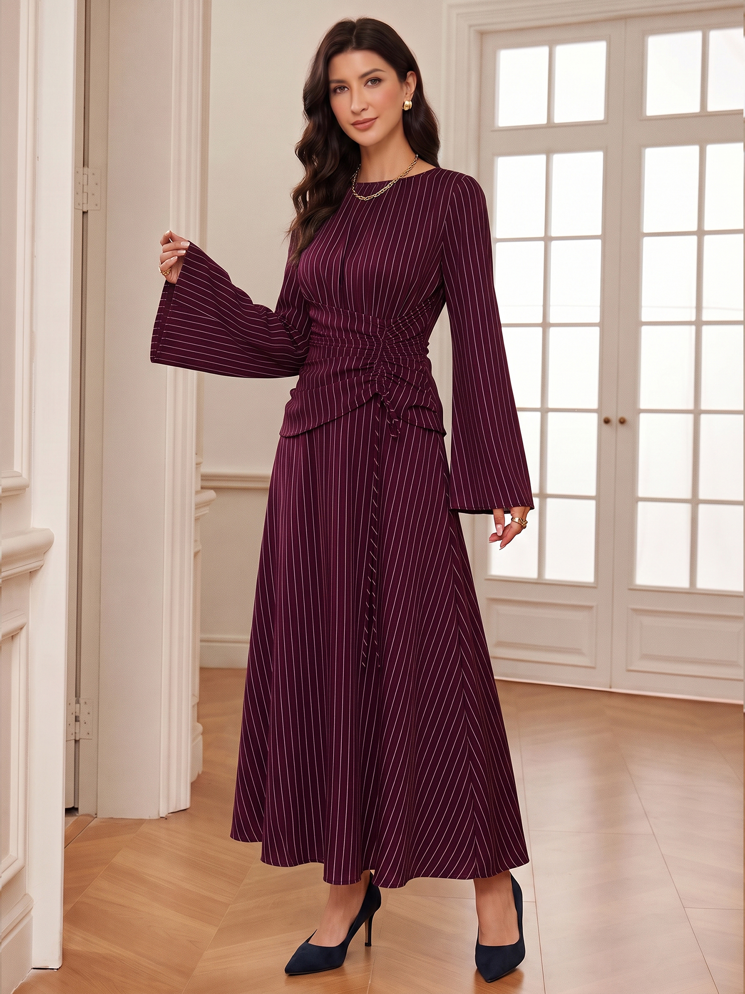 Vertical Striped Long Sleeve Smocked Waist Maxi Dress Vertical Striped Long Sleeve Smocked Waist Maxi Dress