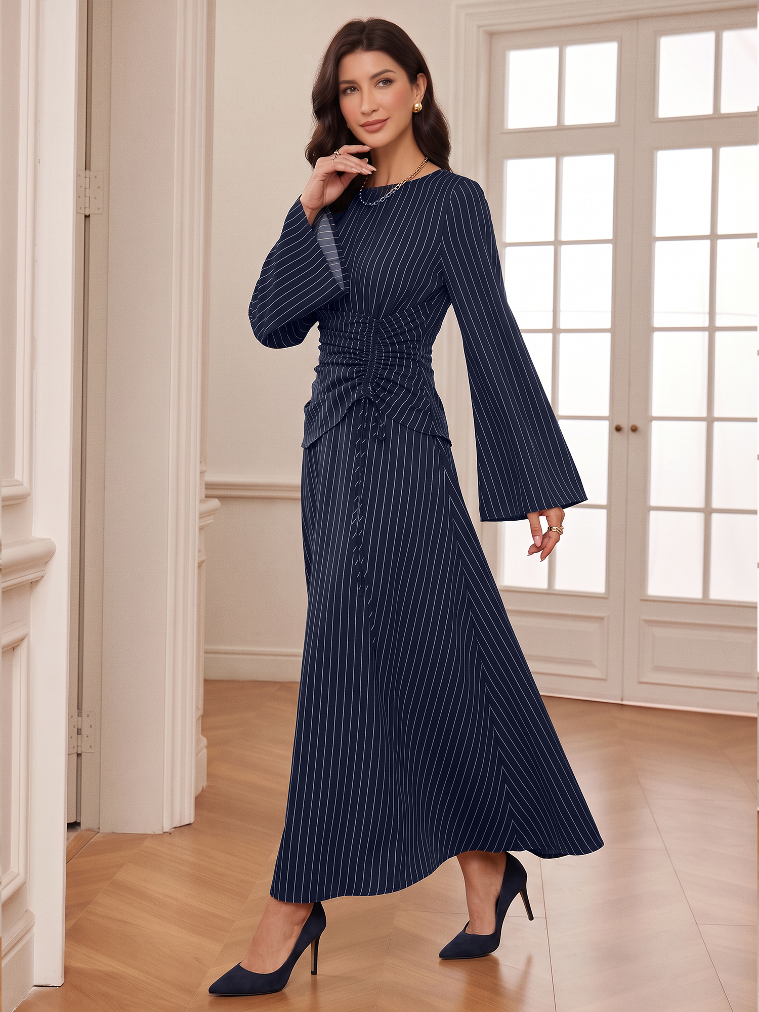 Vertical Striped Long Sleeve Smocked Waist Maxi Dress Dark Blue/S