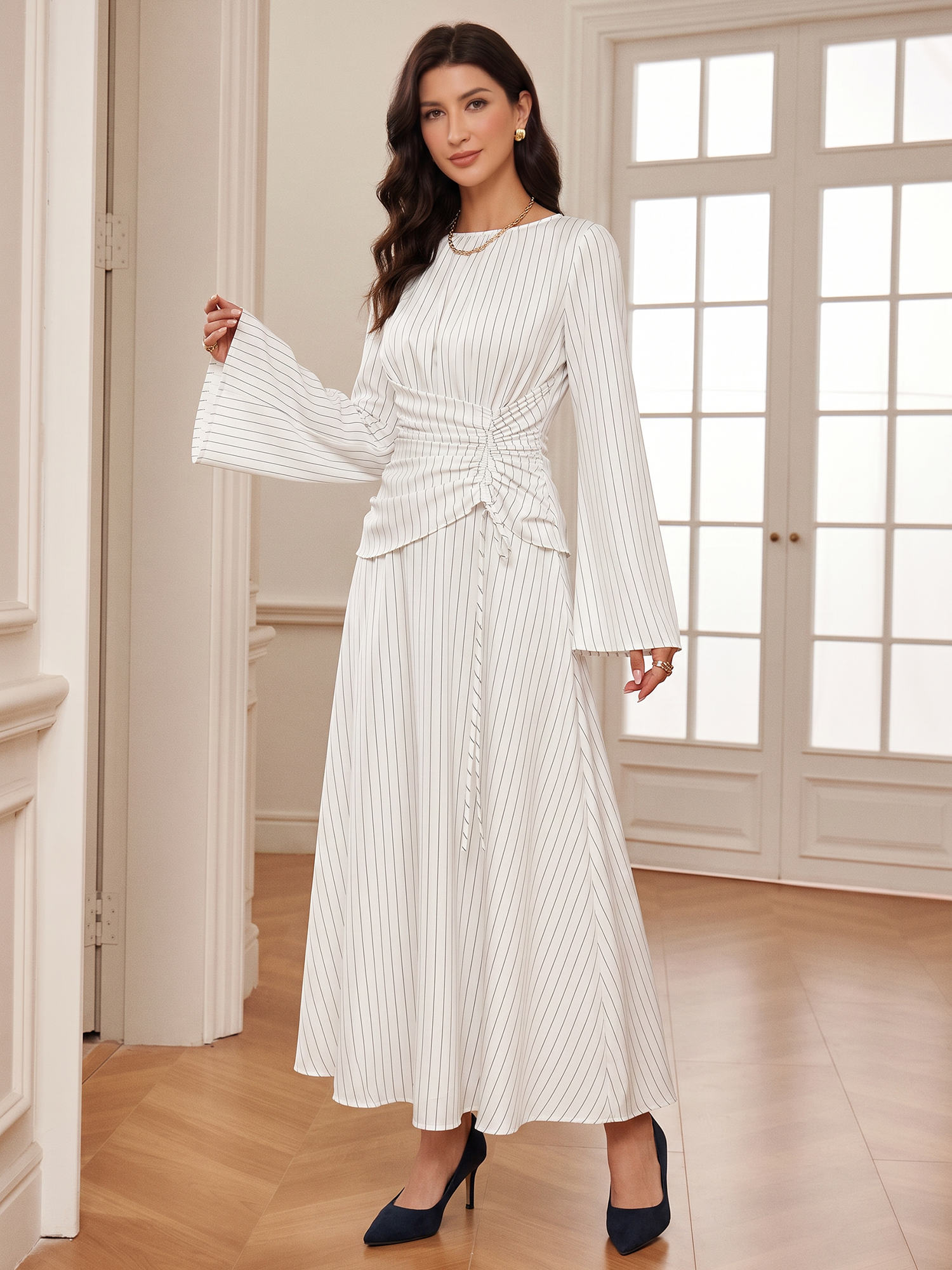 Vertical Striped Long Sleeve Smocked Waist Maxi Dress White/L