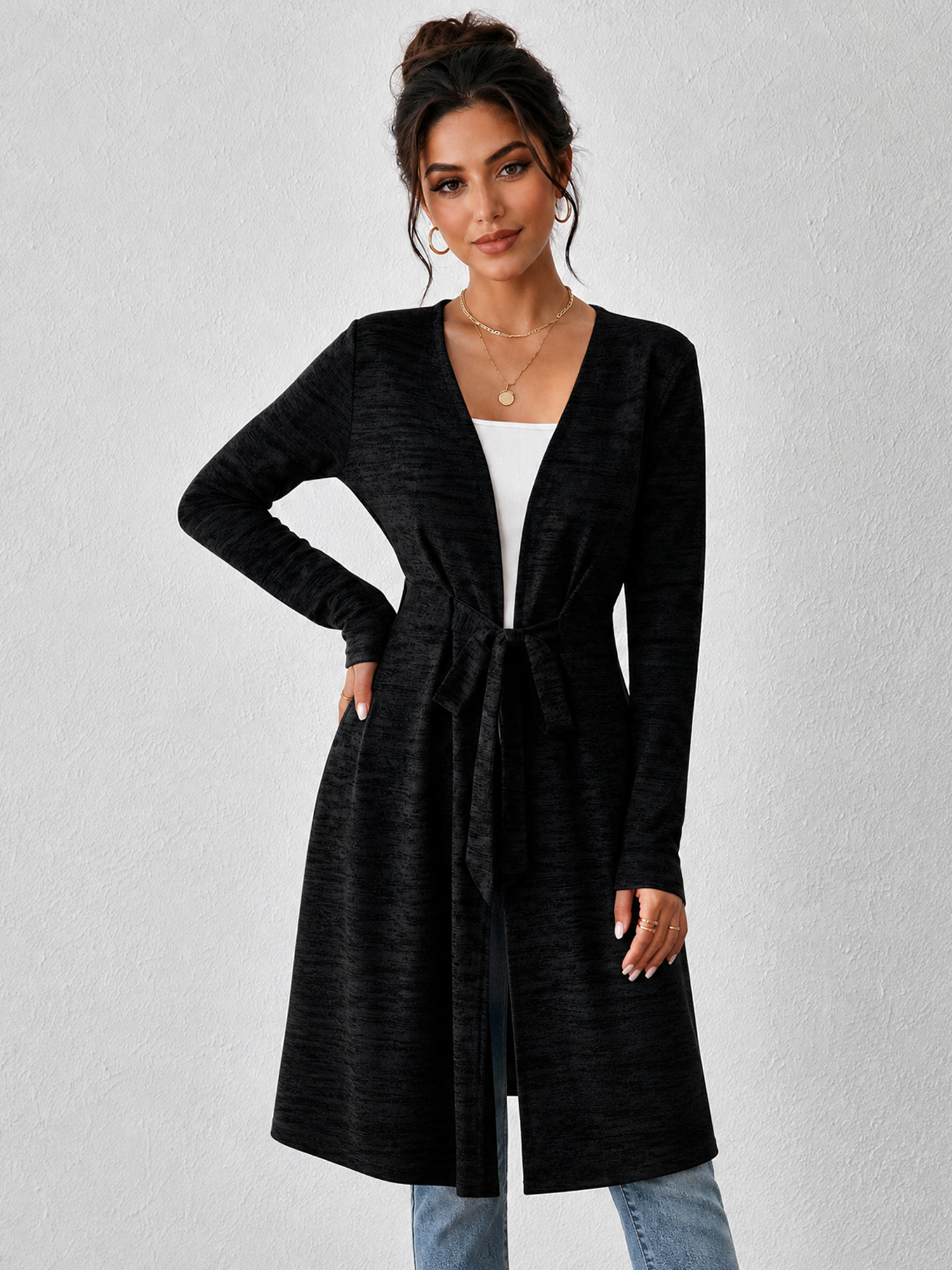 Long Sleeves Lace-Up Open Front Casual Jacket Black/2XL