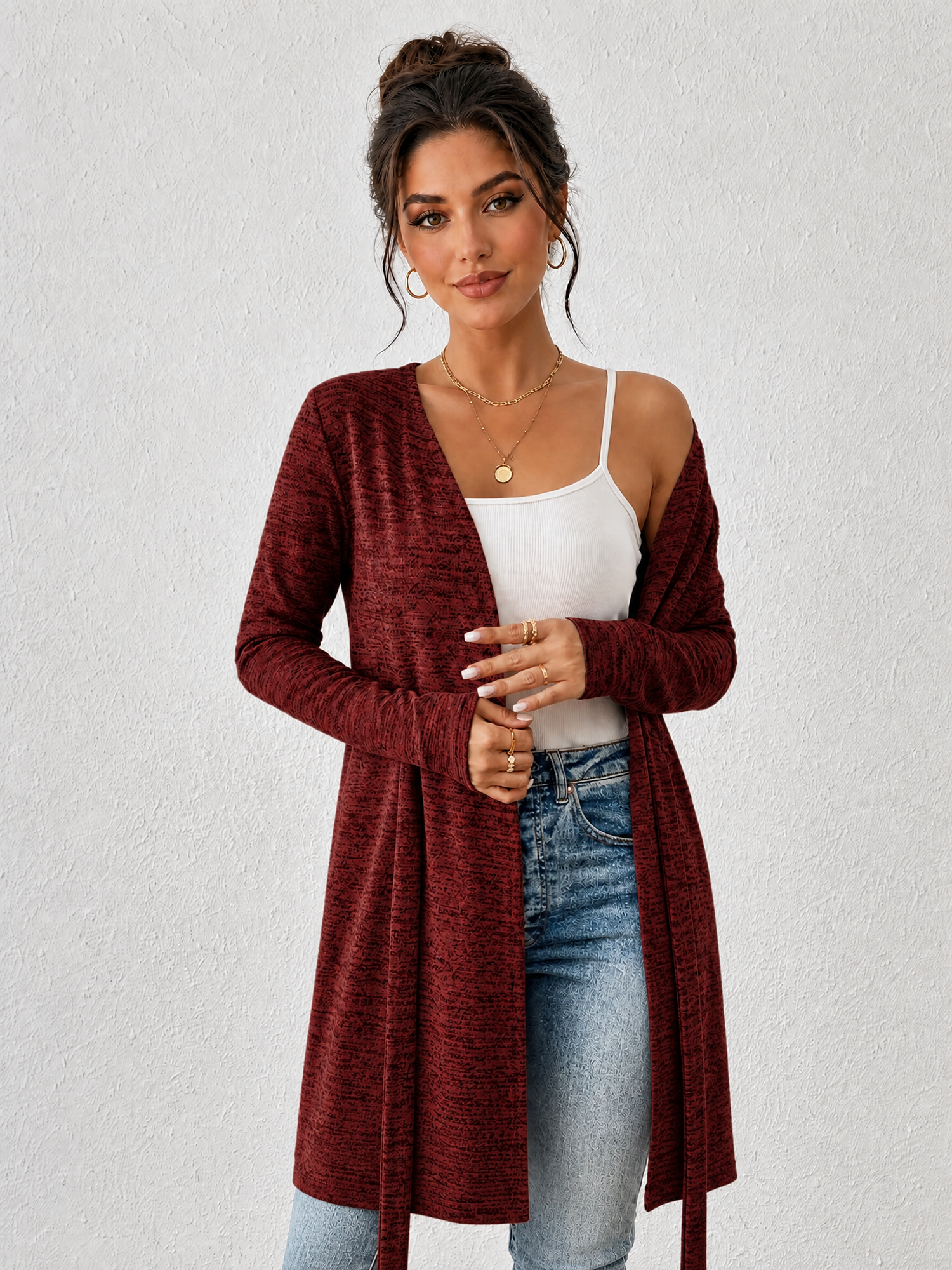 Long Sleeves Lace-Up Open Front Casual Jacket Burgundy/L