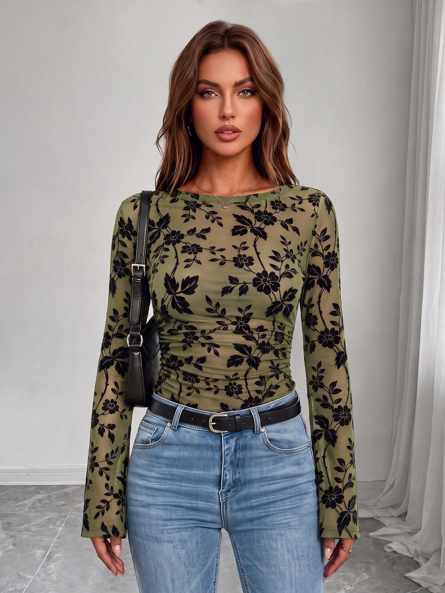 Boat Neck Floral Bell Sleeves Mesh Blouse Green/M