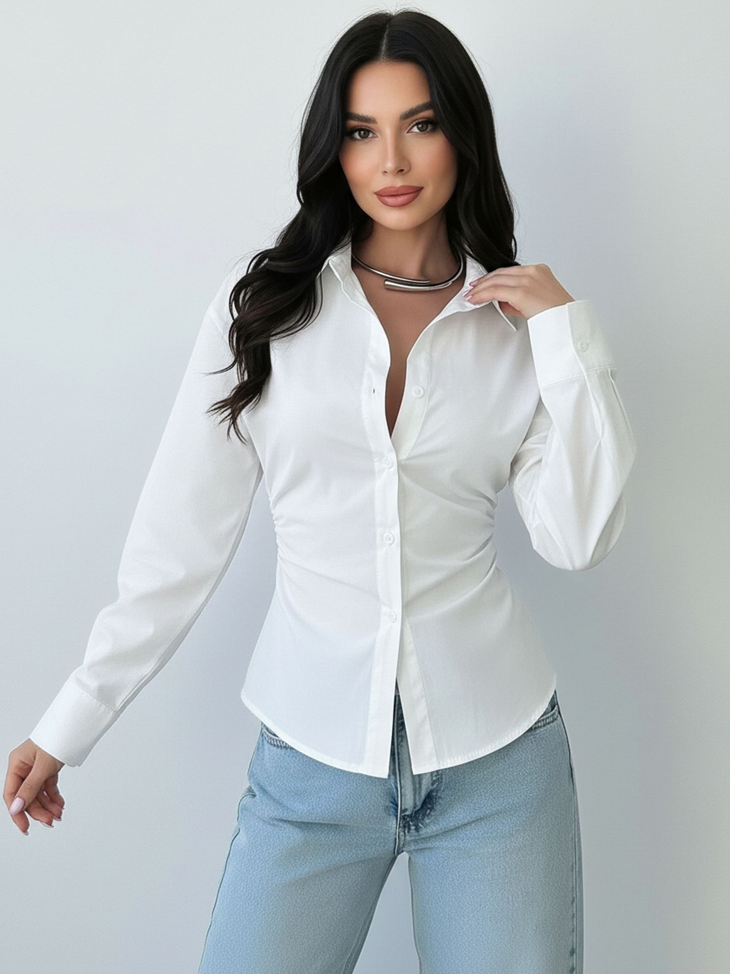 Office Siren Long Sleeve Cinched Waist Shirt White/L