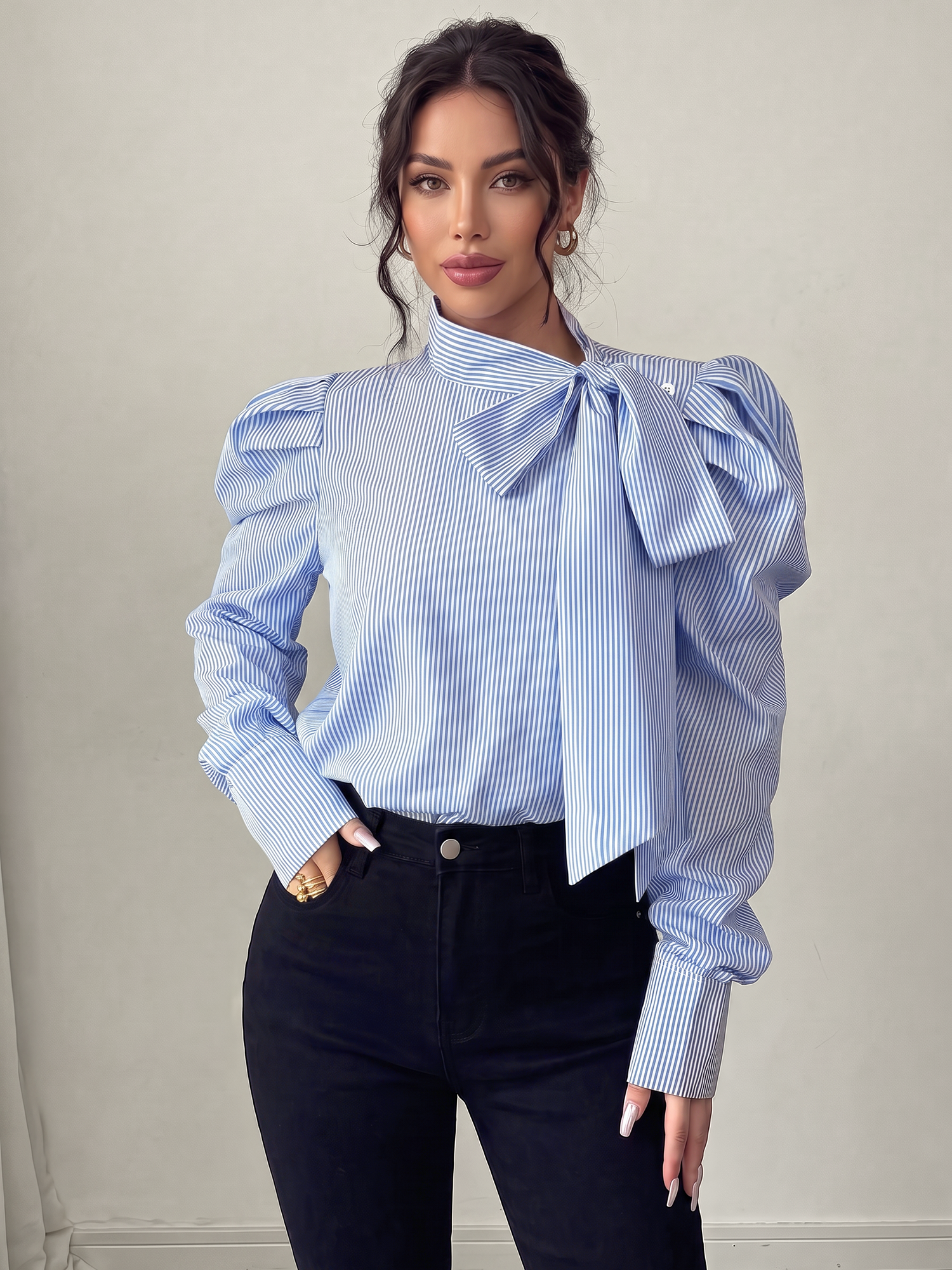 Vertical Striped Lace-Up Bow Collar Puff Sleeves Blouse Blue/XL