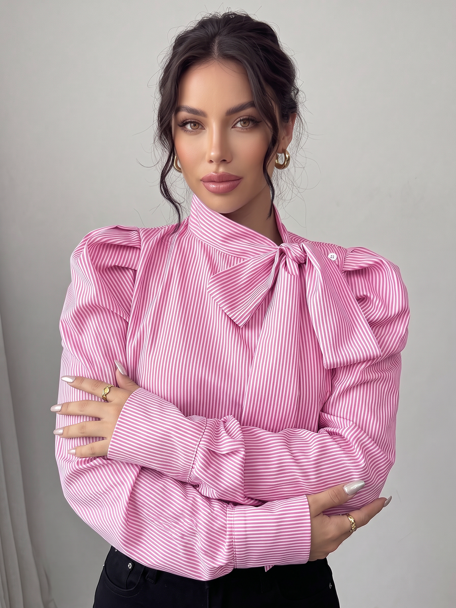 Vertical Striped Lace-Up Bow Collar Puff Sleeves Blouse Pink/M