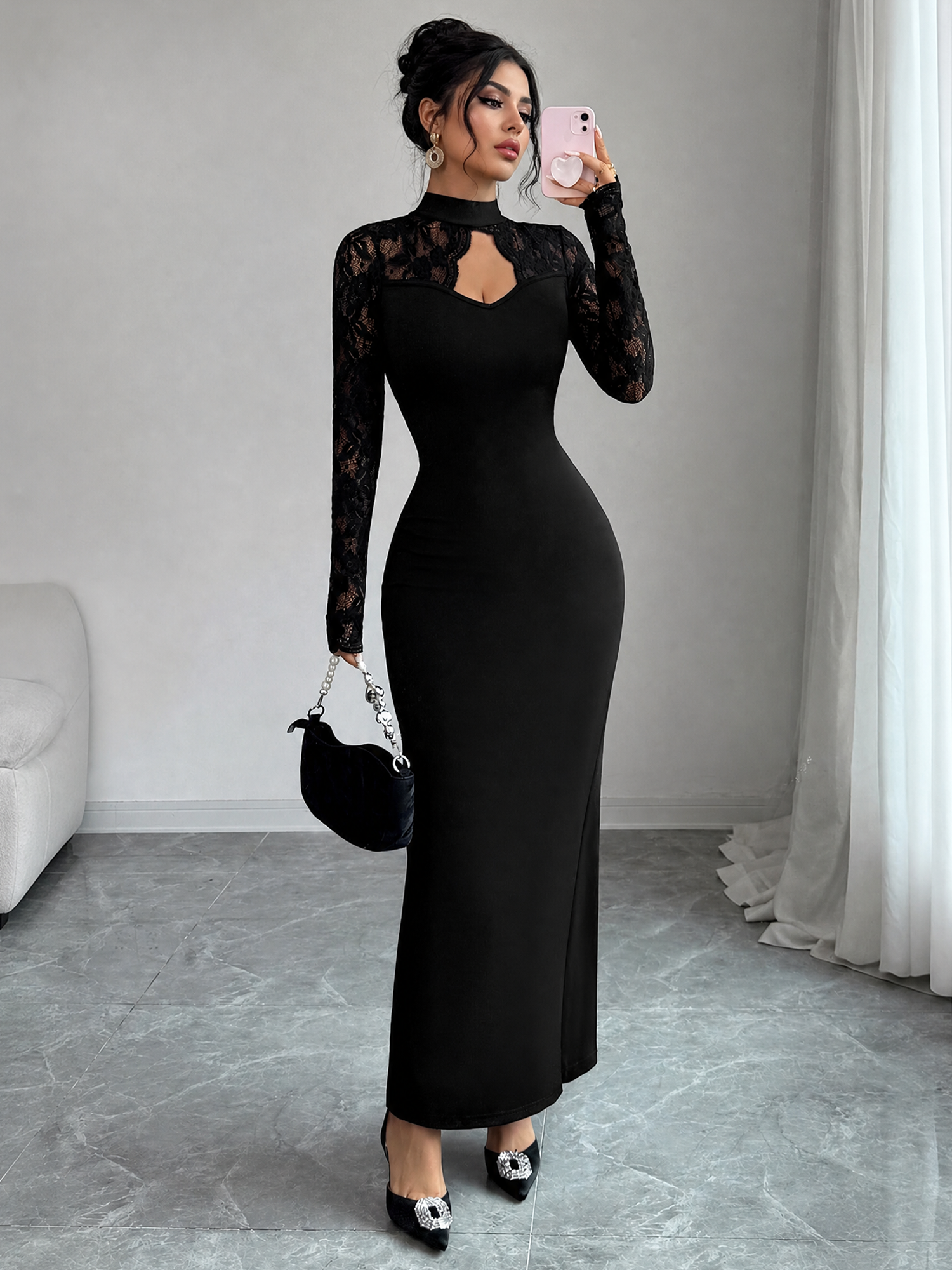 Mock Neck Keyhole Lace Bodycon Slit Dress Black/XS