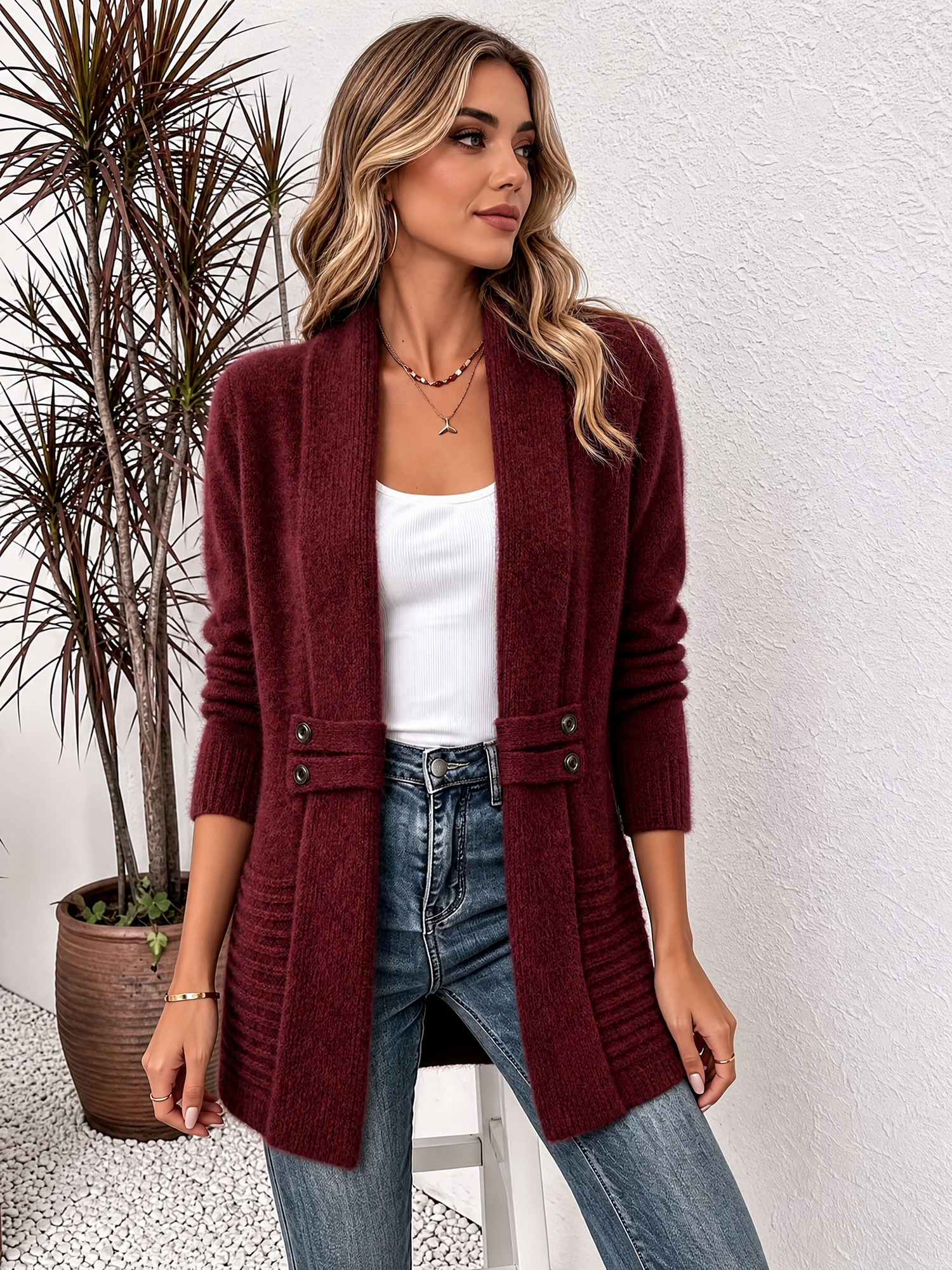 Solid Color Knitted Open Front Mid-Length Cardigan Burgundy/L
