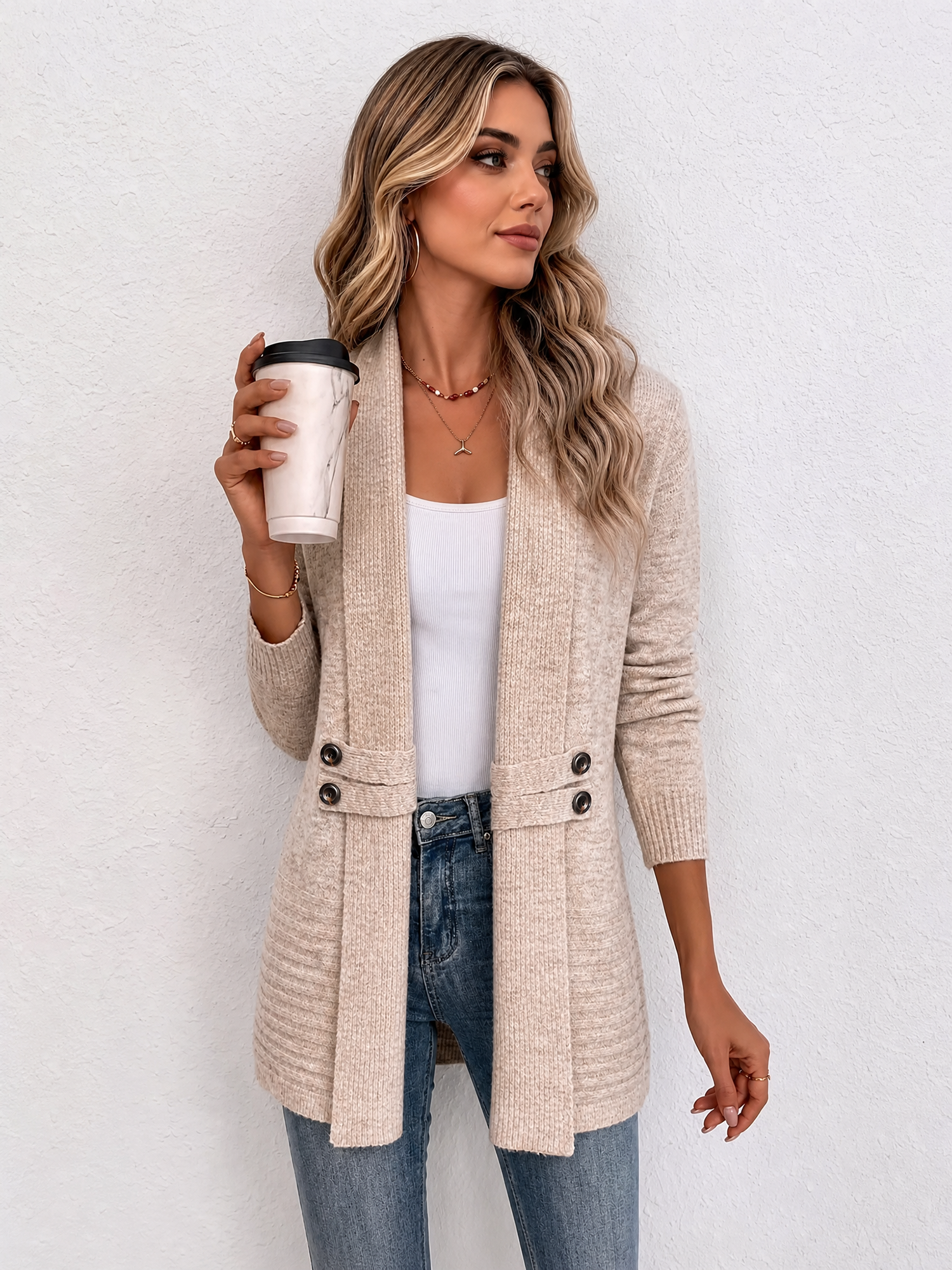 Solid Color Knitted Open Front Mid-Length Cardigan Khaki/L