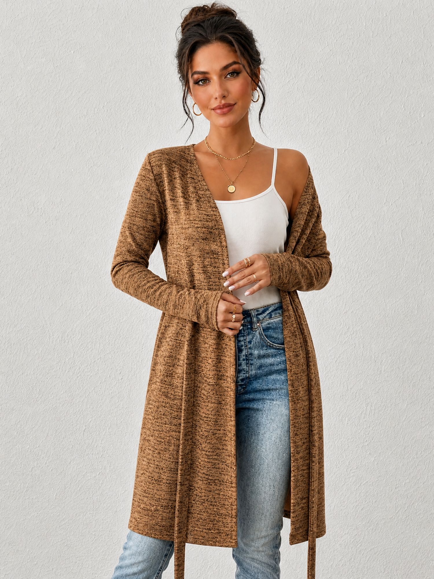Long Sleeves Lace-Up Open Front Casual Jacket Coffee/2XL