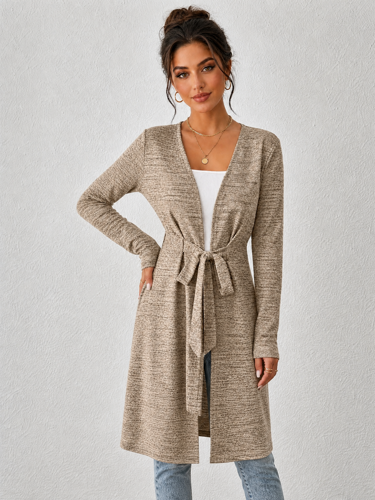 Long Sleeves Lace-Up Open Front Casual Jacket Ivory/M