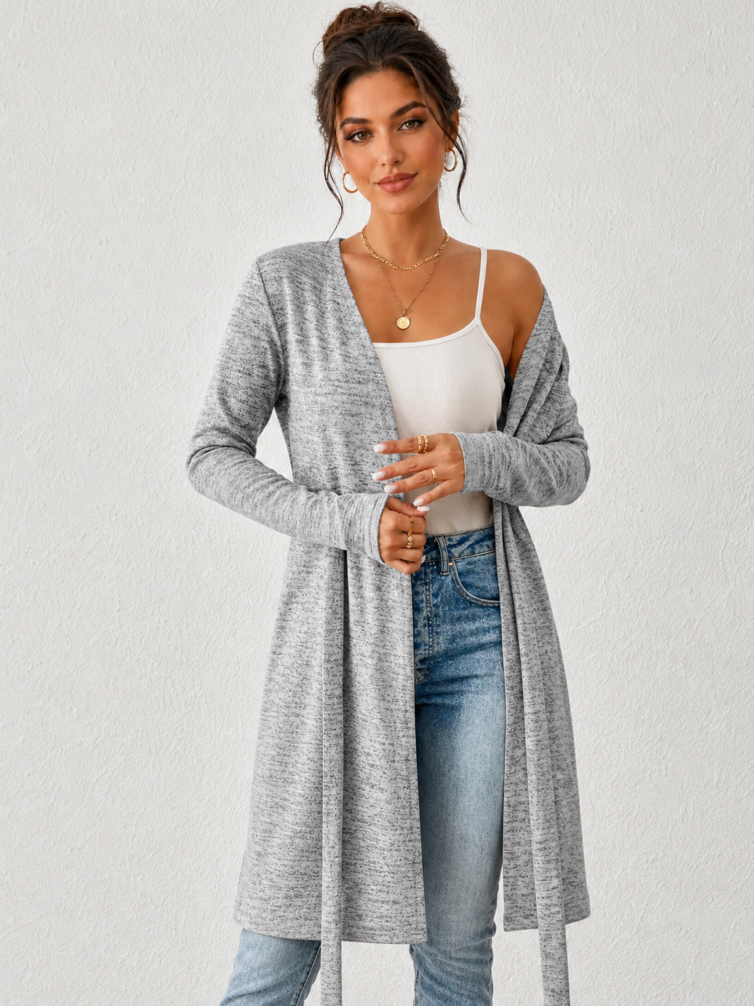 Long Sleeves Lace-Up Open Front Casual Jacket Light Gray/S