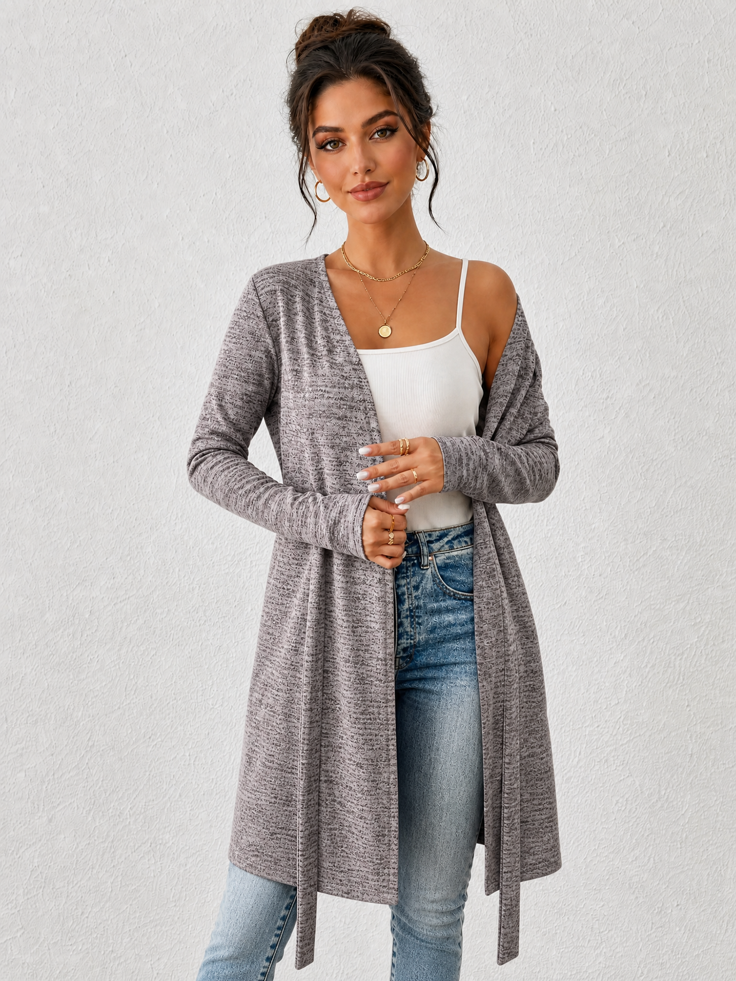 Long Sleeves Lace-Up Open Front Casual Jacket Light Purple/L