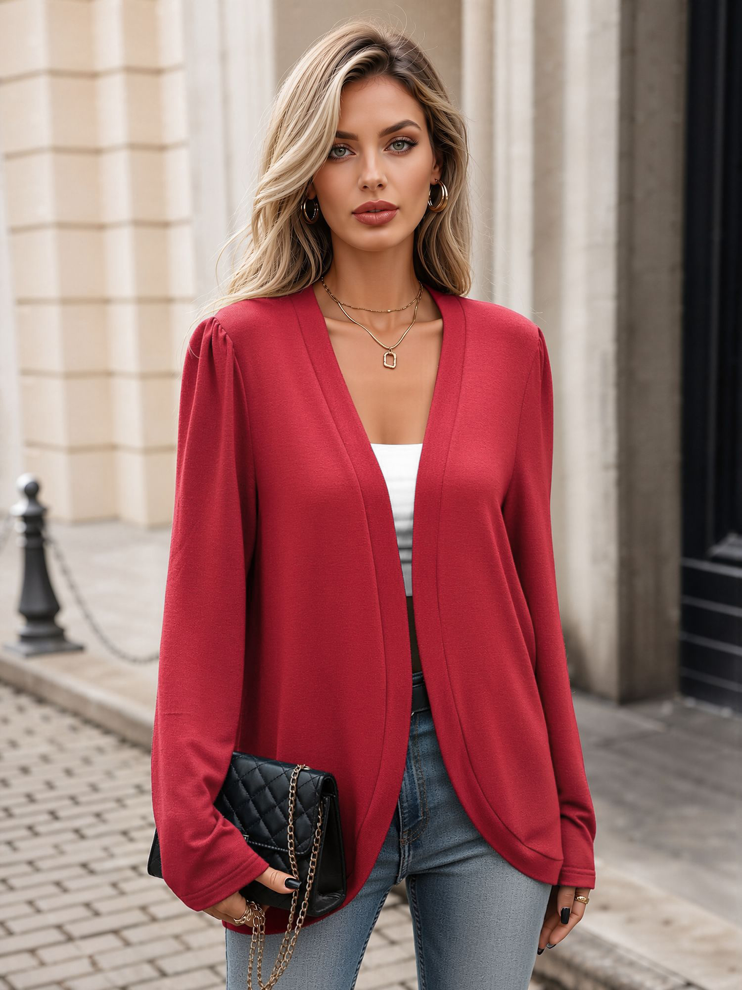 Solid Color Knitted Long Sleeve Casual Cardigan Red/XL