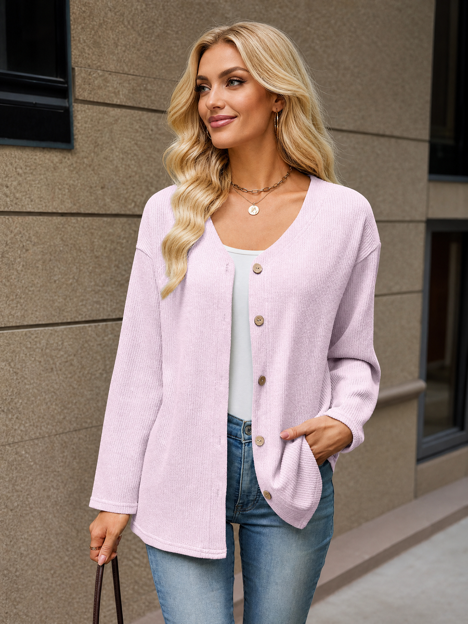 Solid Color V Neck Loose Long Sleeves Button Cardigan Pink/M