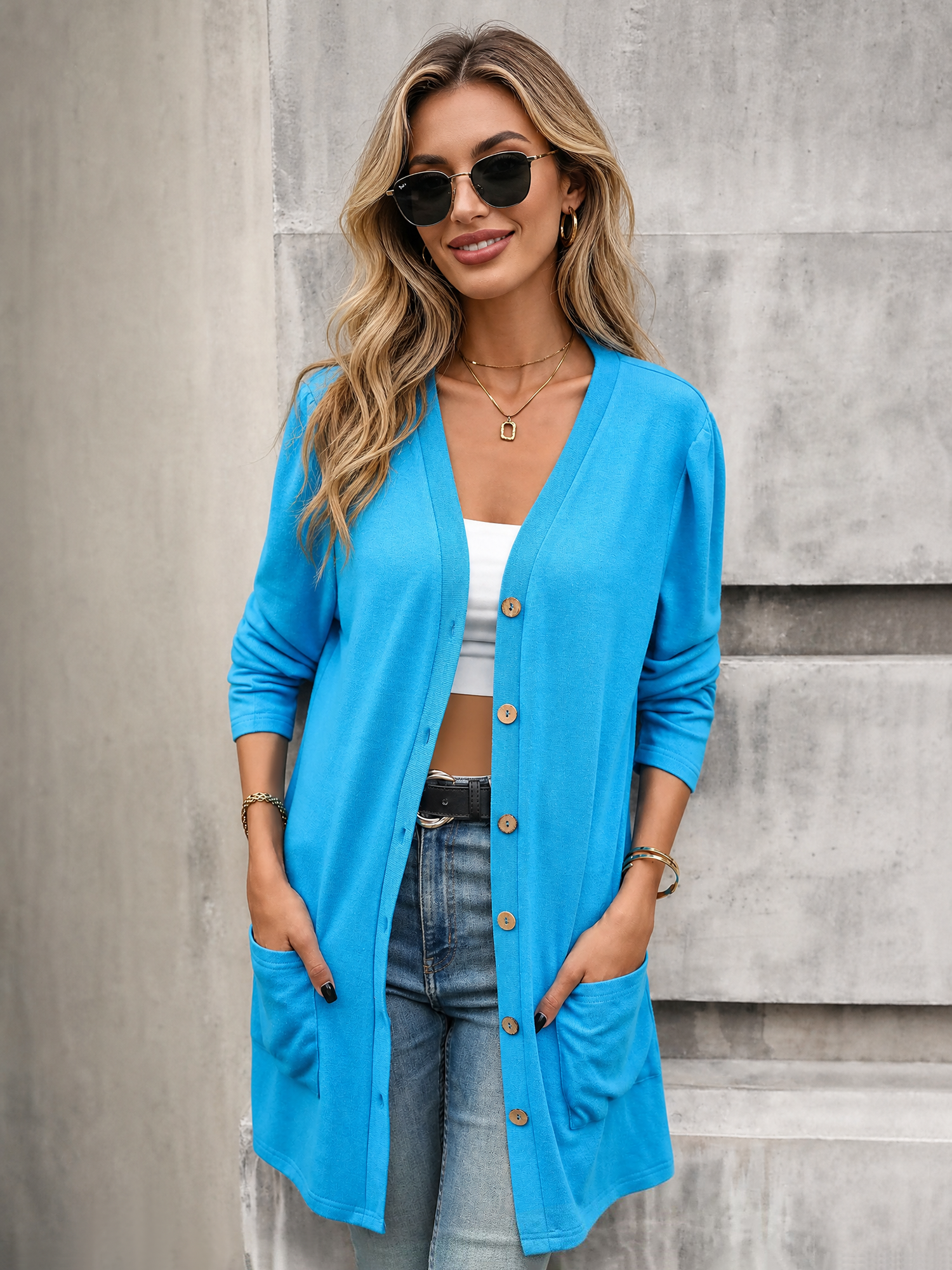 Solid Color Long Sleeve Loose Button Pocket Cardigan Blue/XS