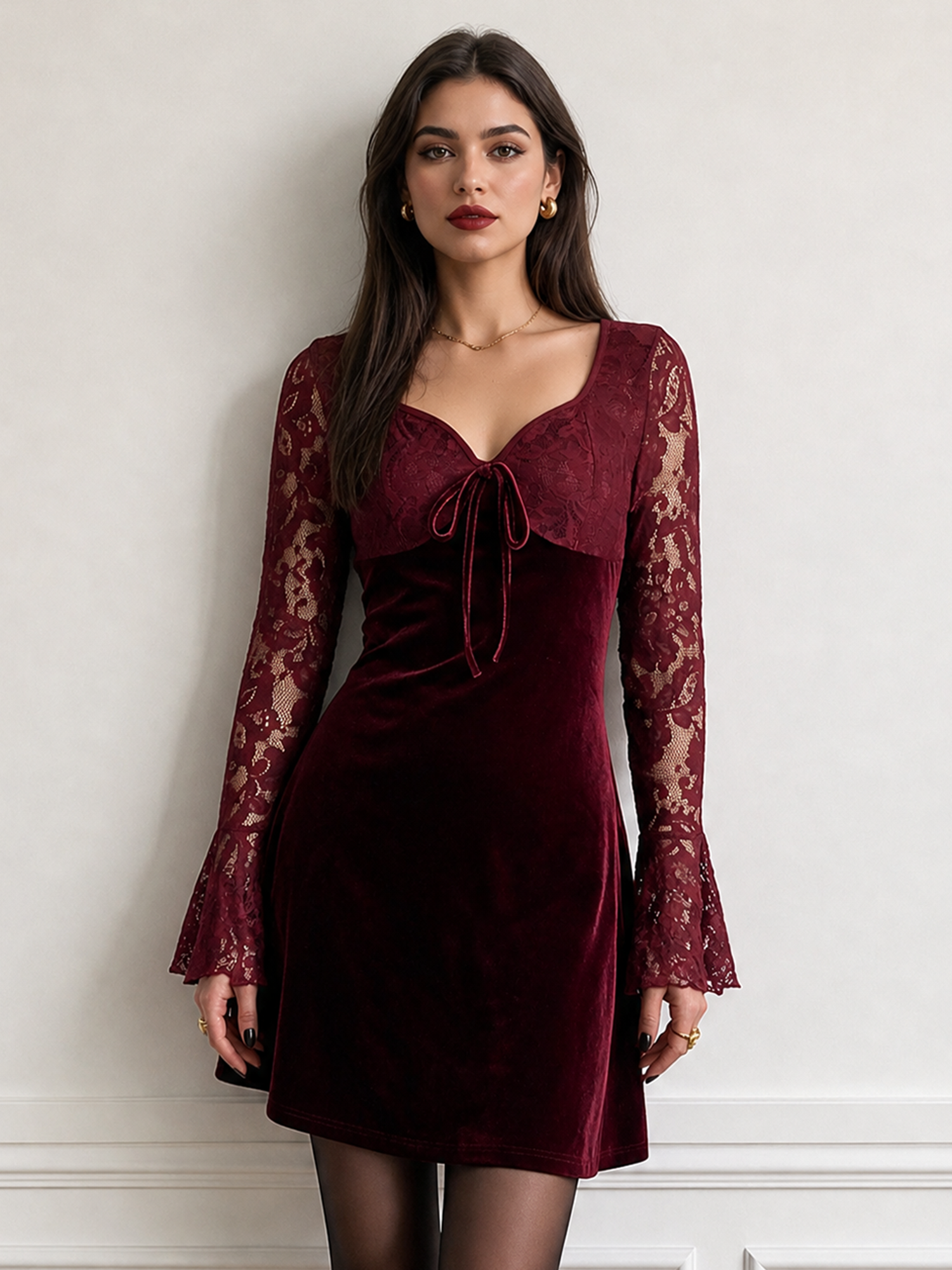 Lace Velvet Patchwork Bell Sleeves Mini A-Line Dress Burgundy/L