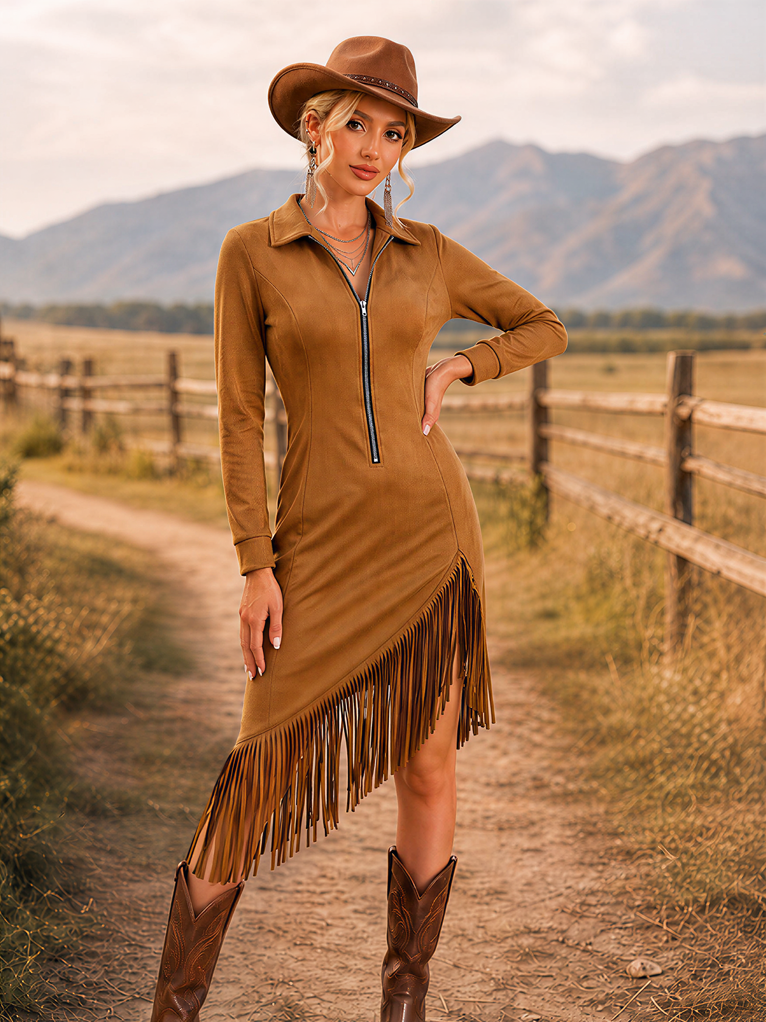 Cowboy Style Faux Suede Tassel Long Sleeve Dress Dark Brown/S