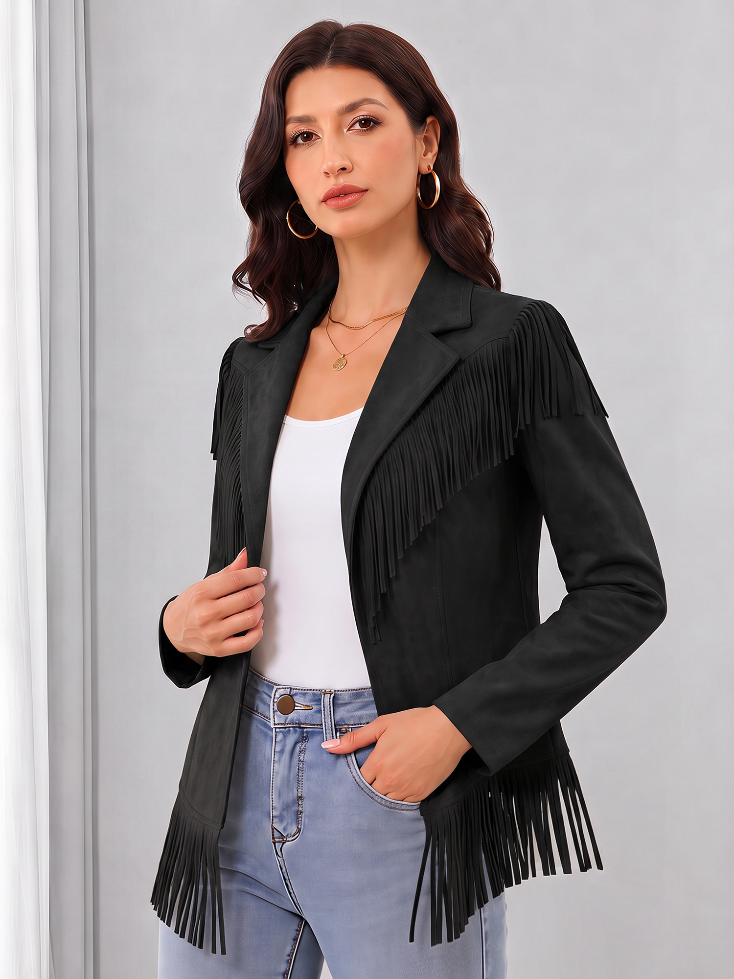 Faux Suede Tassel Long Sleeve Cowboy Jacket Black/L