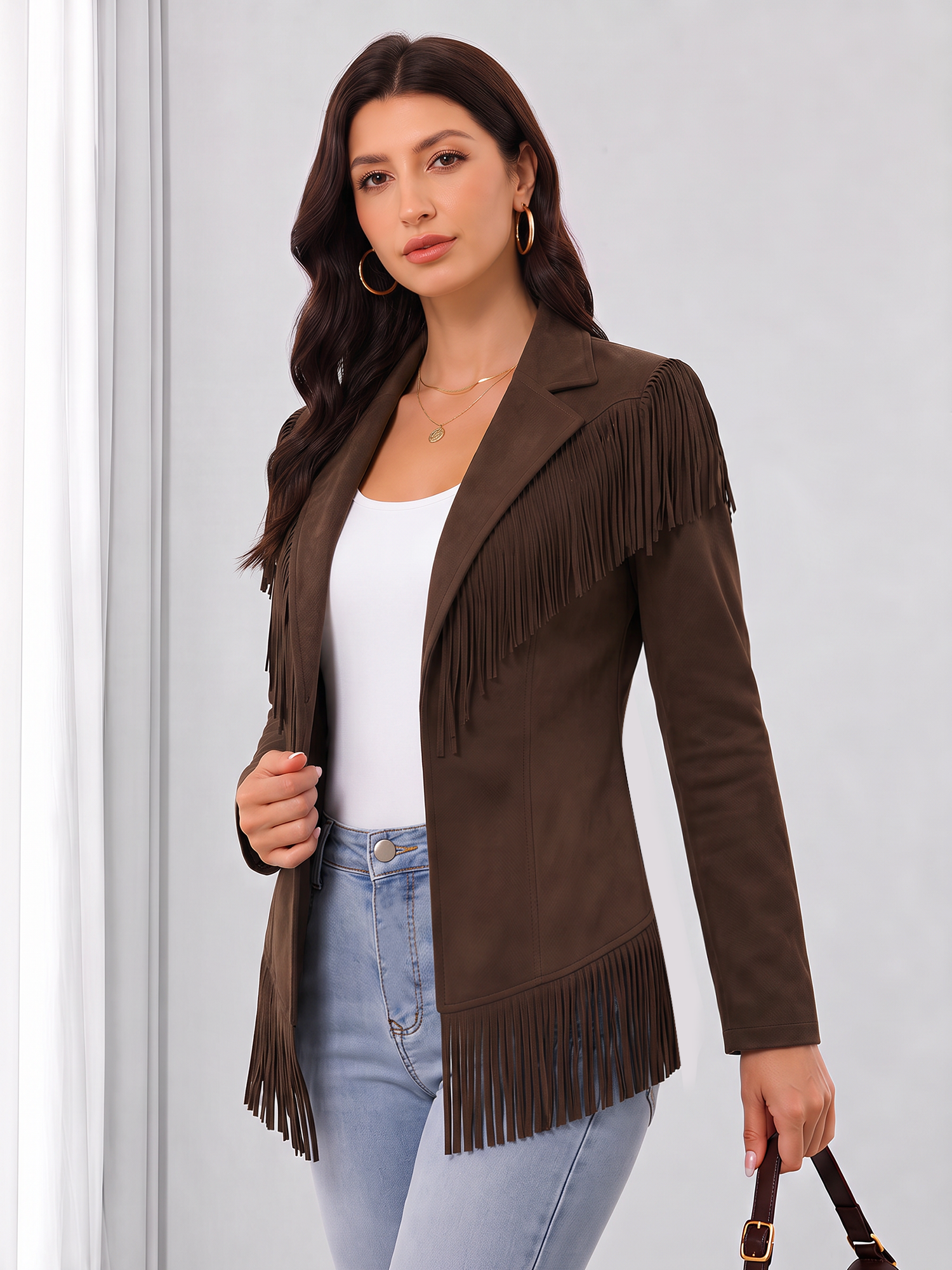 Faux Suede Tassel Long Sleeve Cowboy Jacket Coffee/S