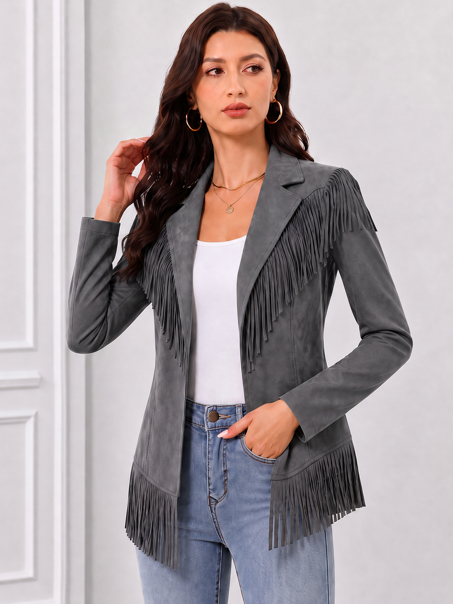Faux Suede Tassel Long Sleeve Cowboy Jacket Gray/L