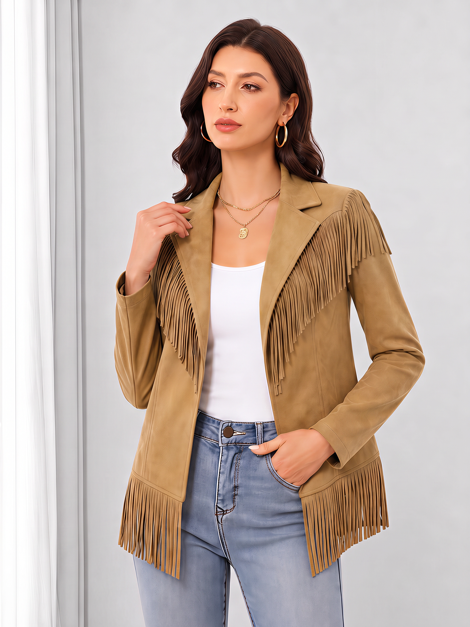 Faux Suede Tassel Long Sleeve Cowboy Jacket Khaki/XL