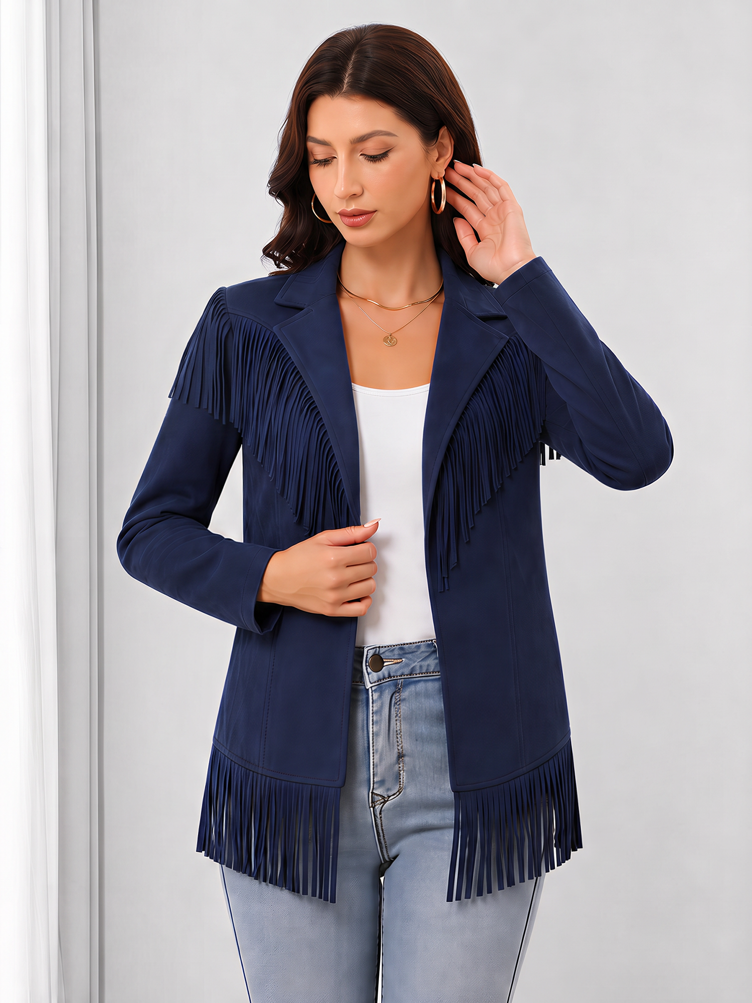 Faux Suede Tassel Long Sleeve Cowboy Jacket Navy Blue/XL