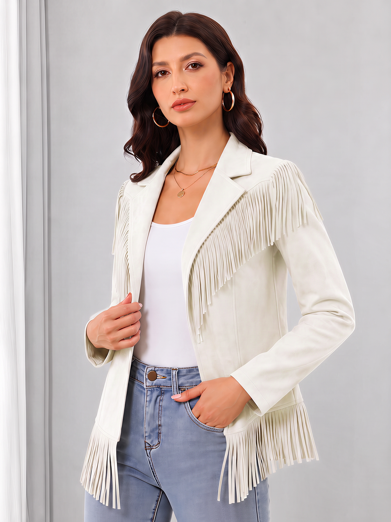 Faux Suede Tassel Long Sleeve Cowboy Jacket White/XS