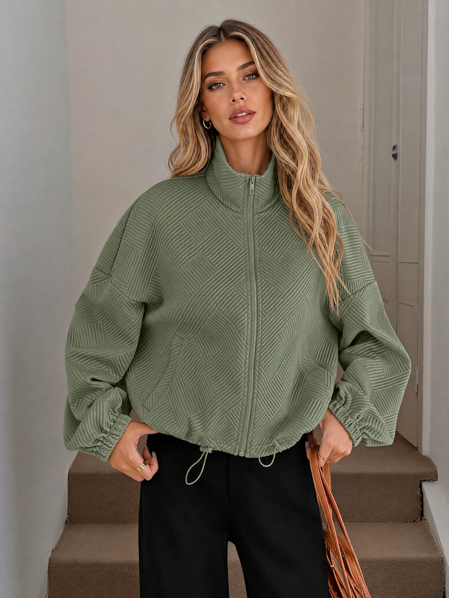 Zipper Drawstring Pocket Loose Fit Baseball Jacket Army Green/L
