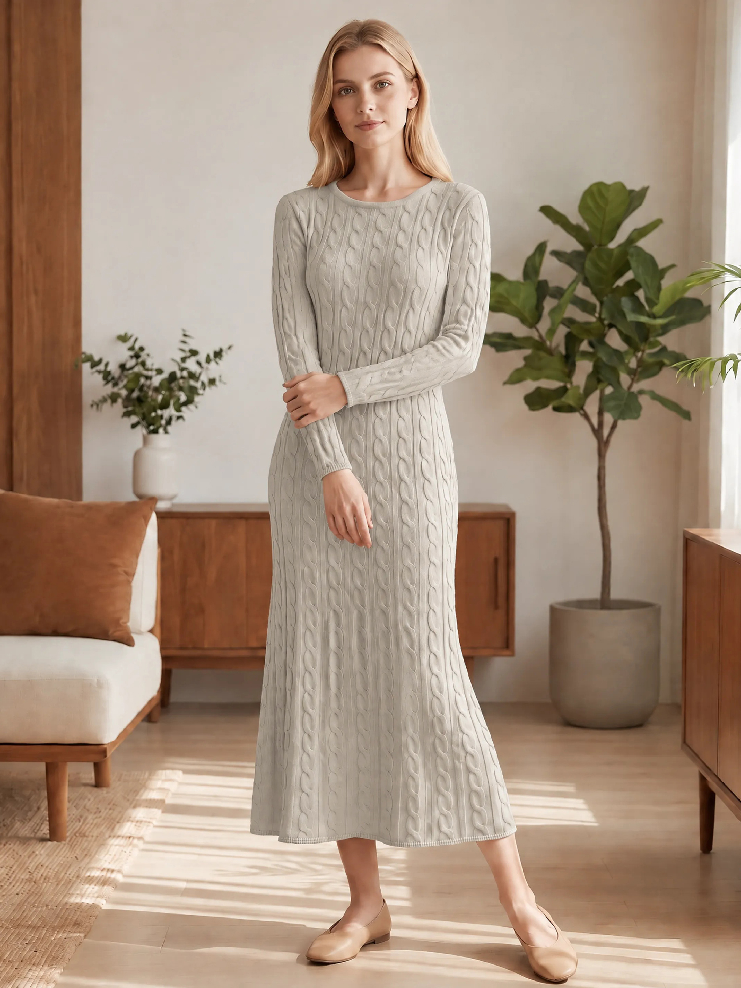 Crew Neck Long Sleeve Textured Cable Knit Sweater Dress Khaki/XL