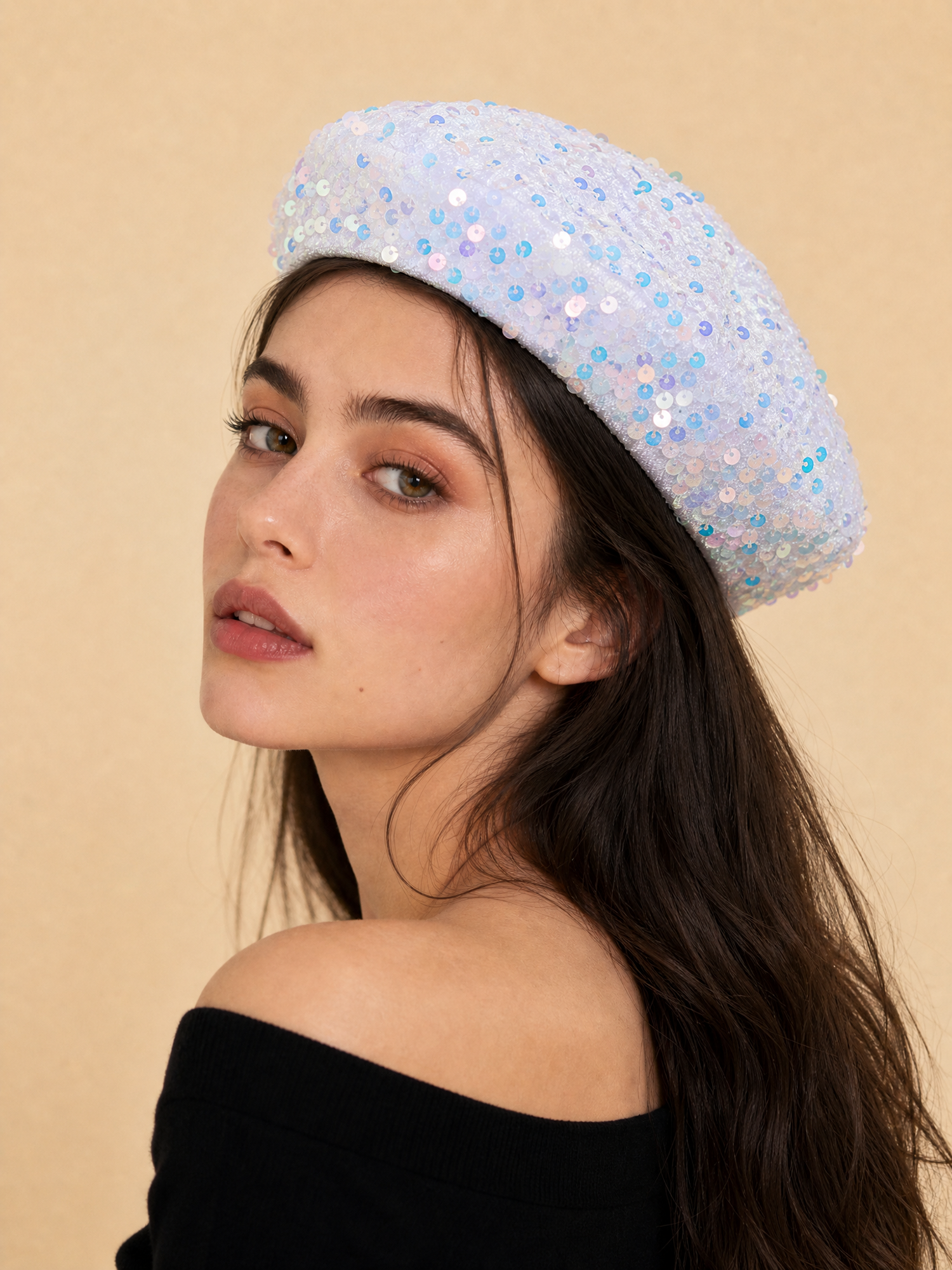 Colored Sequin Beret Painter Hat White/M