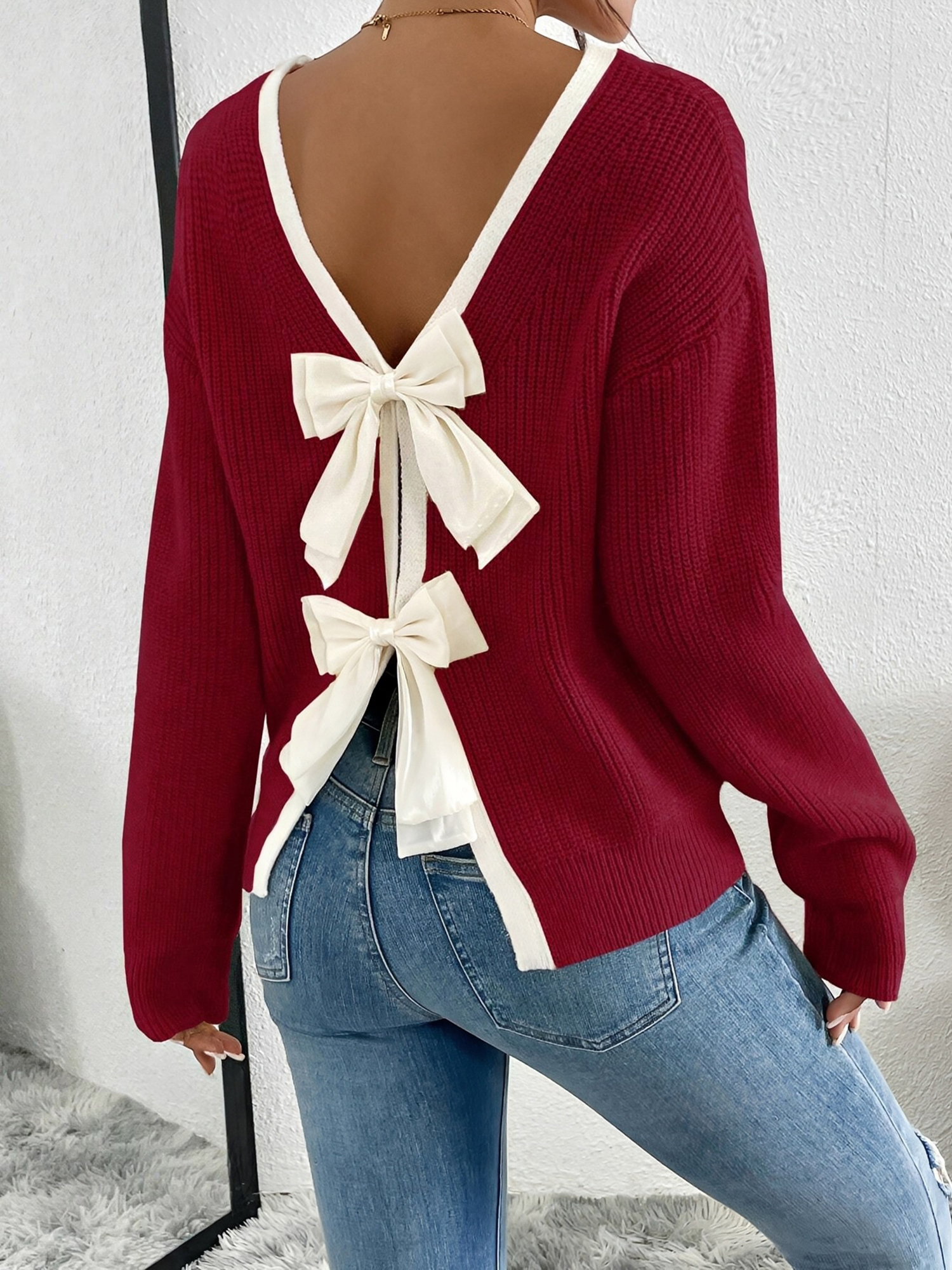 Colorblock Back Bow Long Sleeves Knitted Sweater Burgundy/M