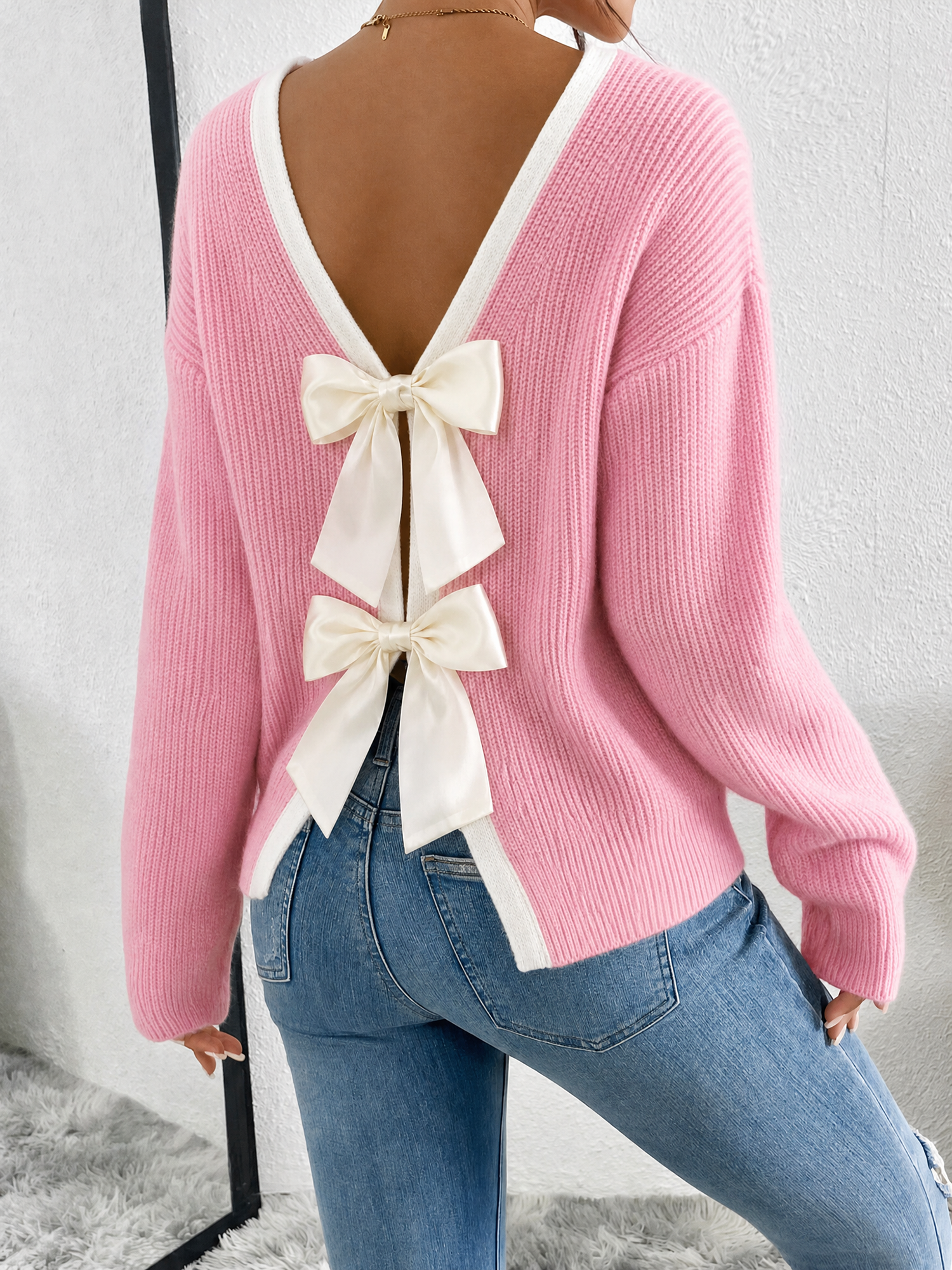 Colorblock Back Bow Long Sleeves Knitted Sweater Pink/S