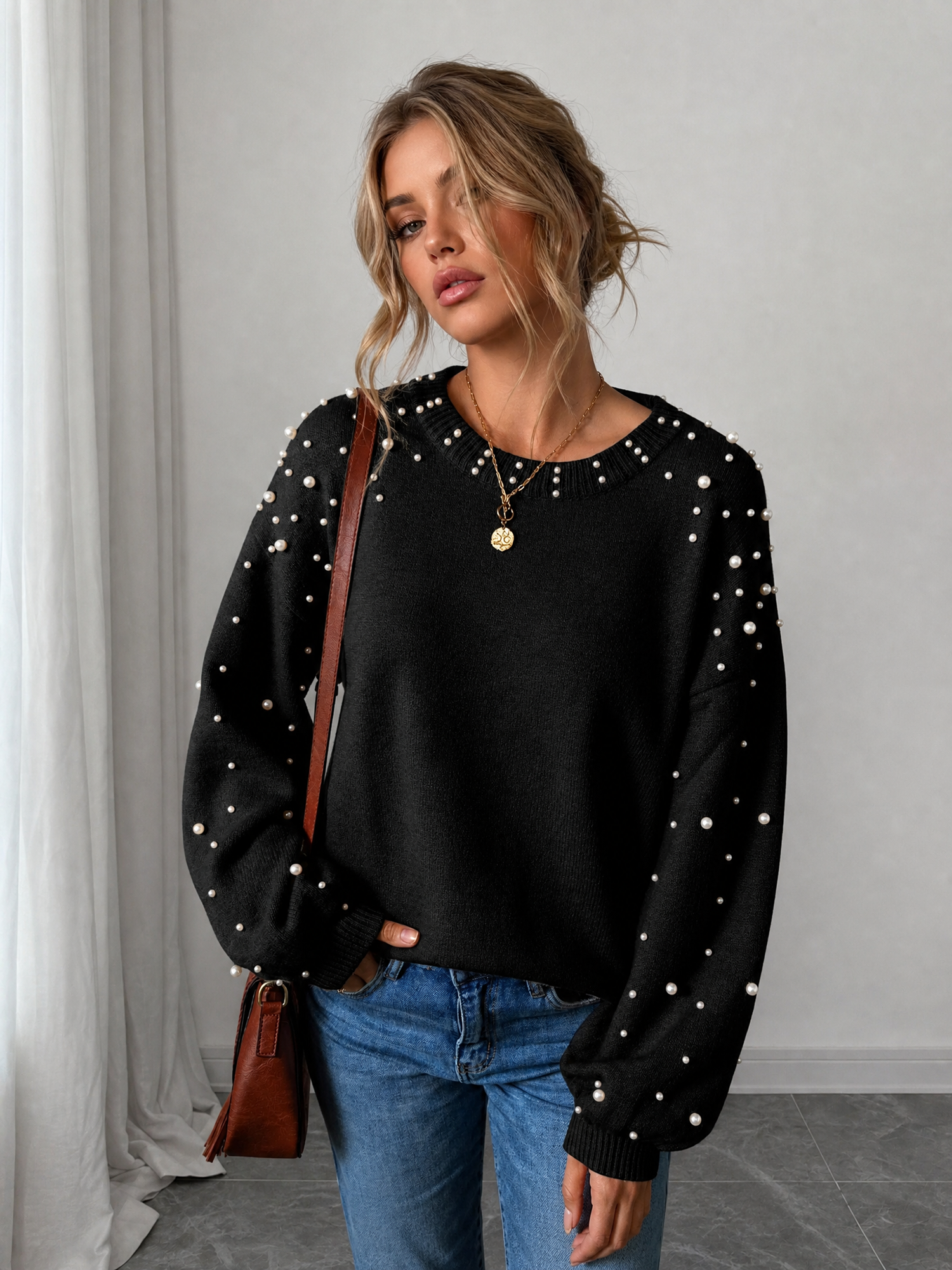 Beaded Long Sleeve Round Neck Pullover Knitted Sweater Black/L