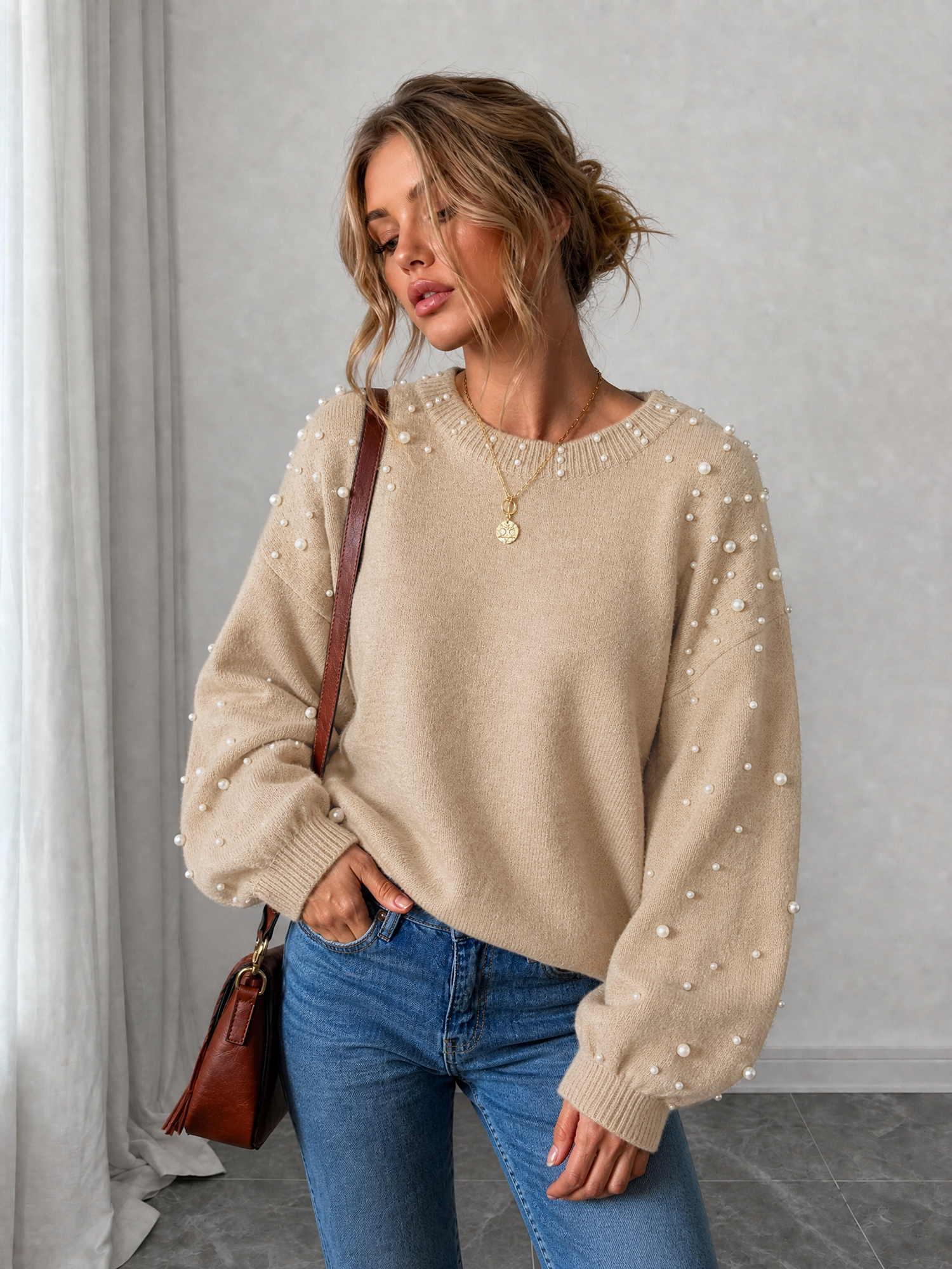 Beaded Long Sleeve Round Neck Pullover Knitted Sweater Khaki/M