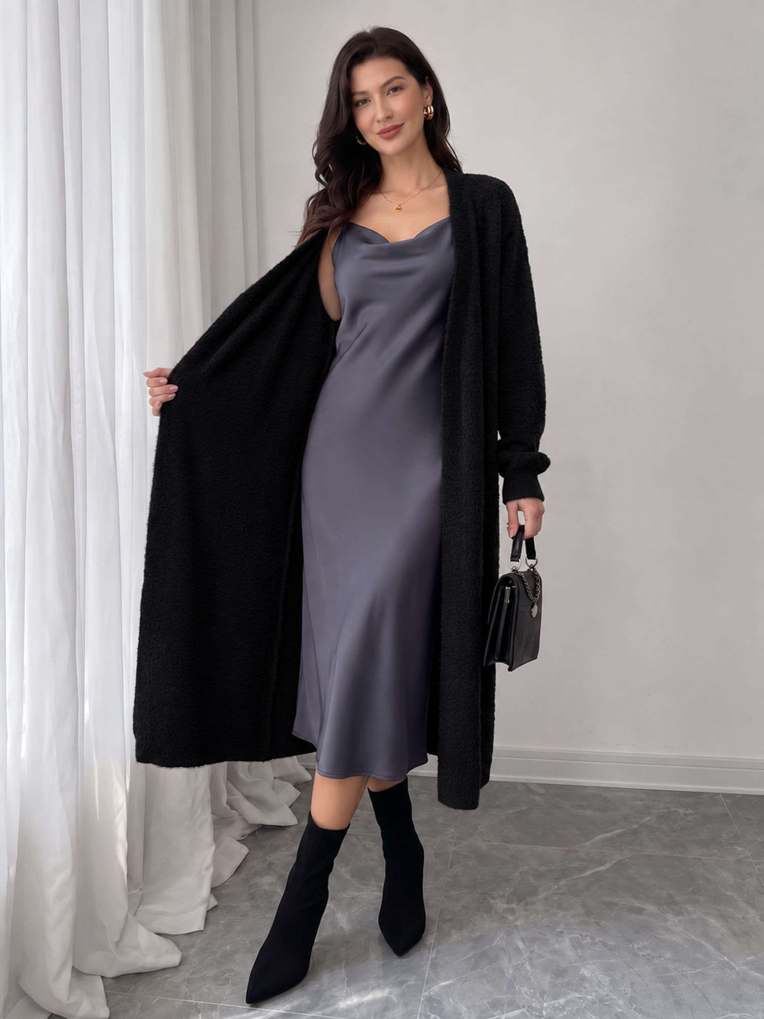 Solid Color Long Sleeves Open Front Knitted Cardigans Black/M