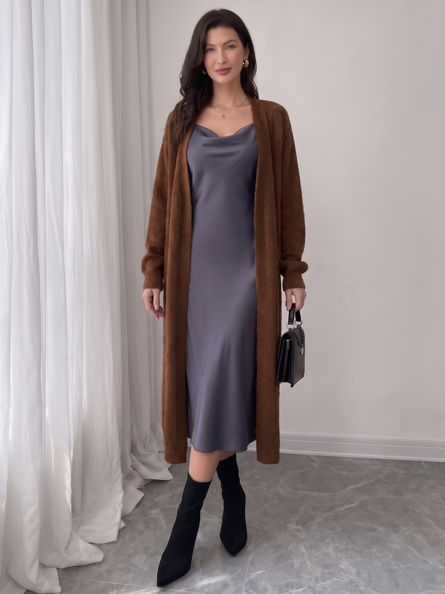 Solid Color Long Sleeves Open Front Knitted Cardigans Coffee/S