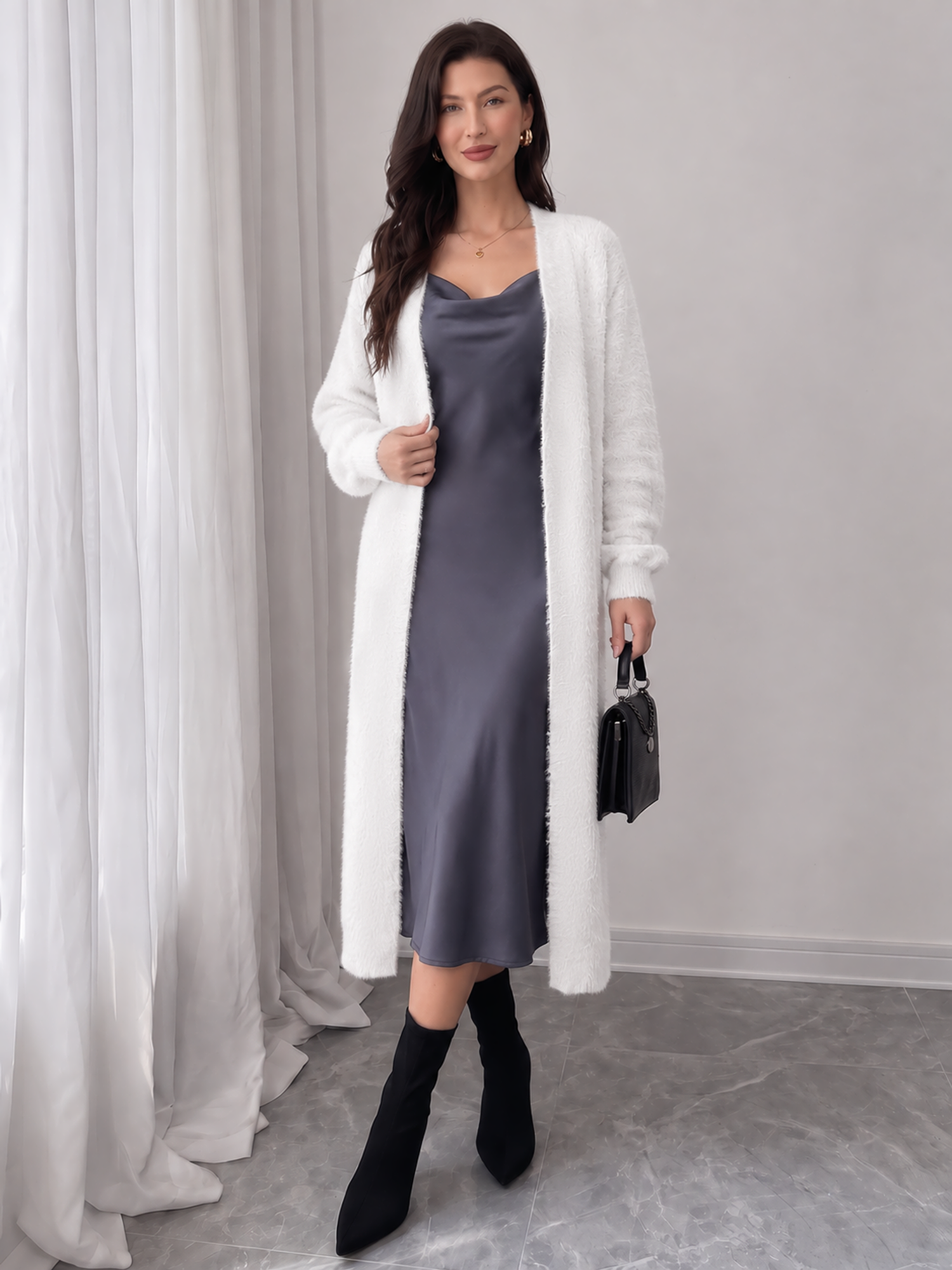 Solid Color Long Sleeves Open Front Knitted Cardigans White/S