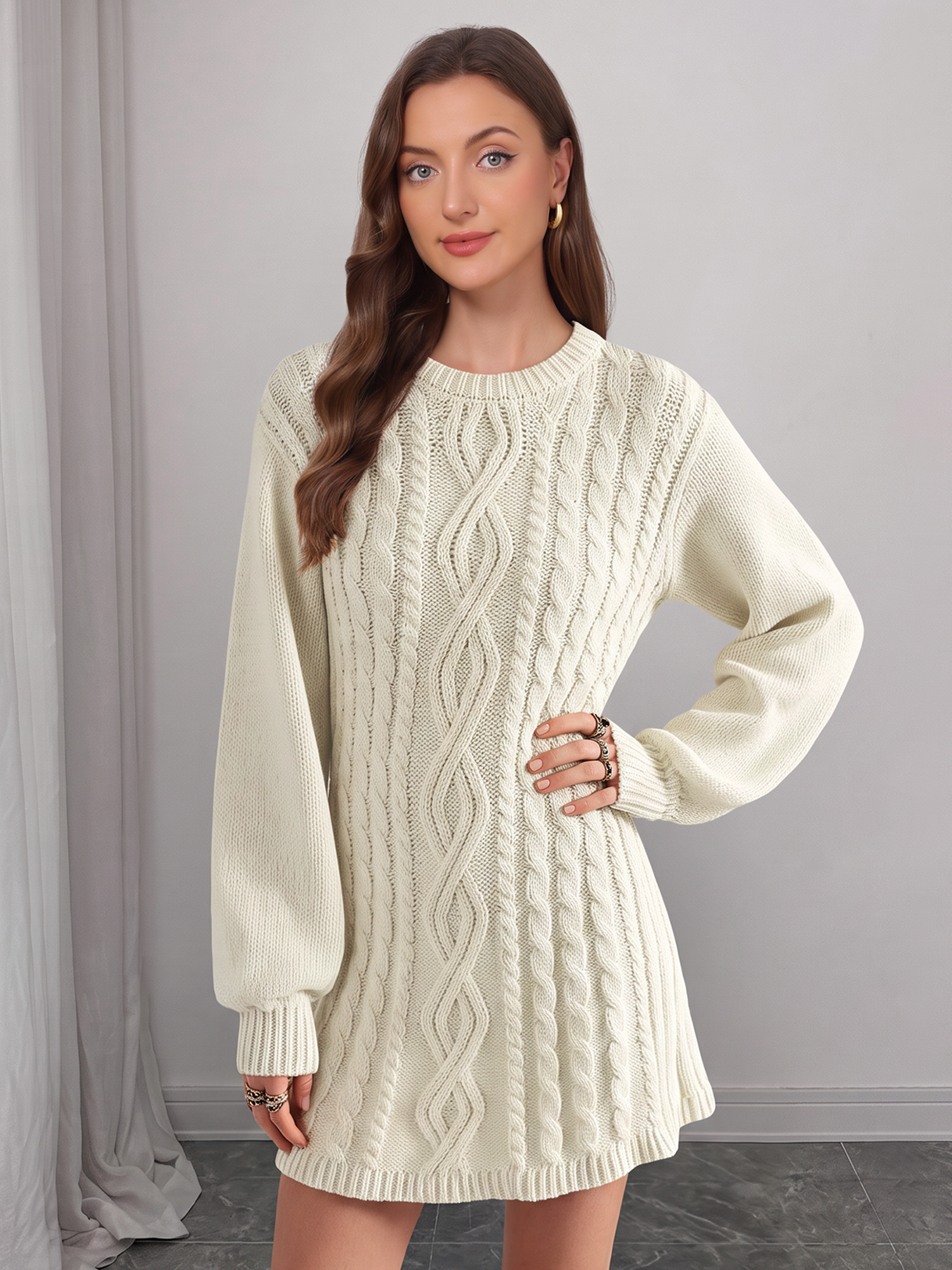 Cable Knit Long Sleeves Solid Color Mini Sweater Dress Apricot/L