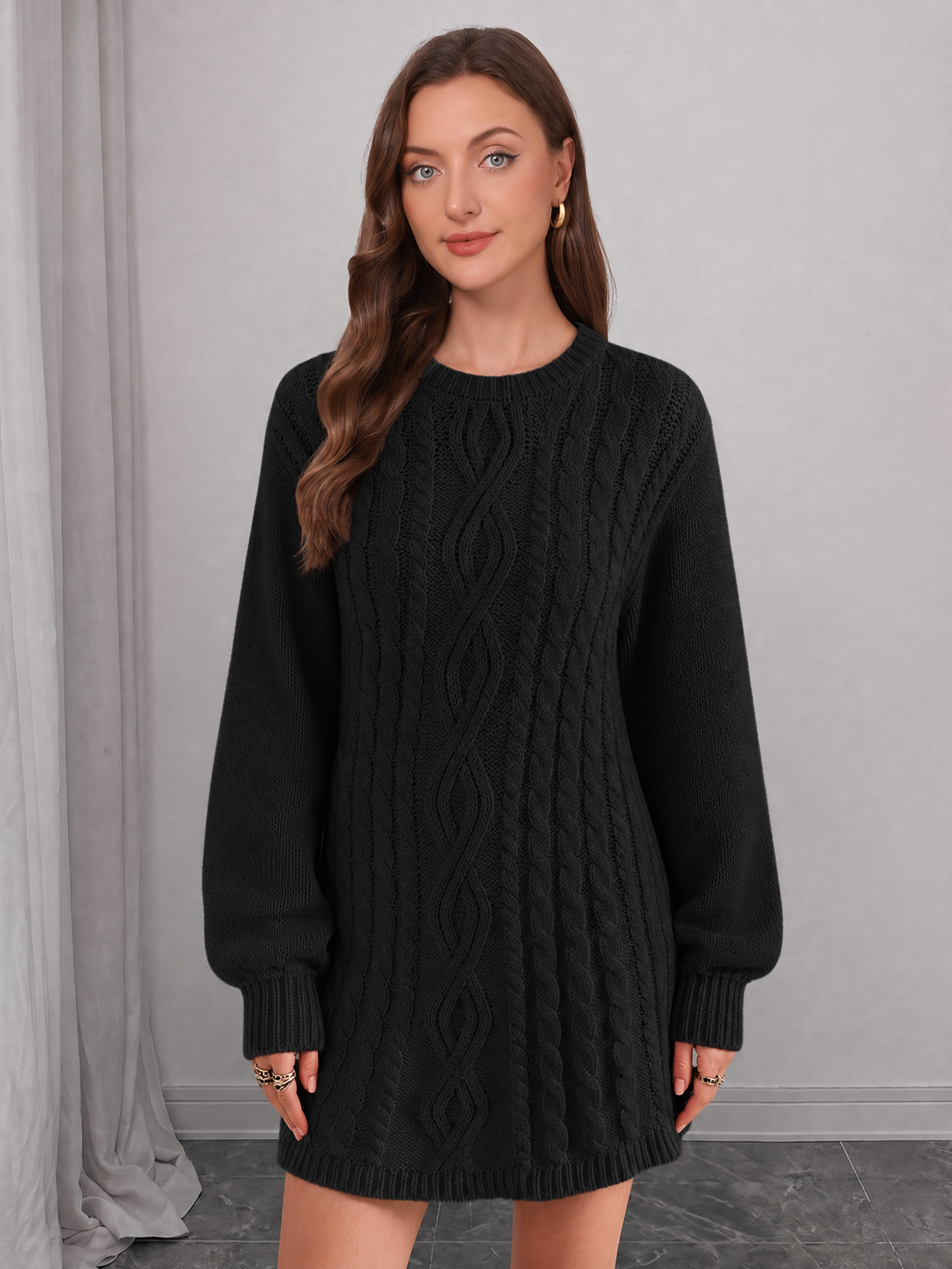 Cable Knit Long Sleeves Solid Color Mini Sweater Dress Black/XS