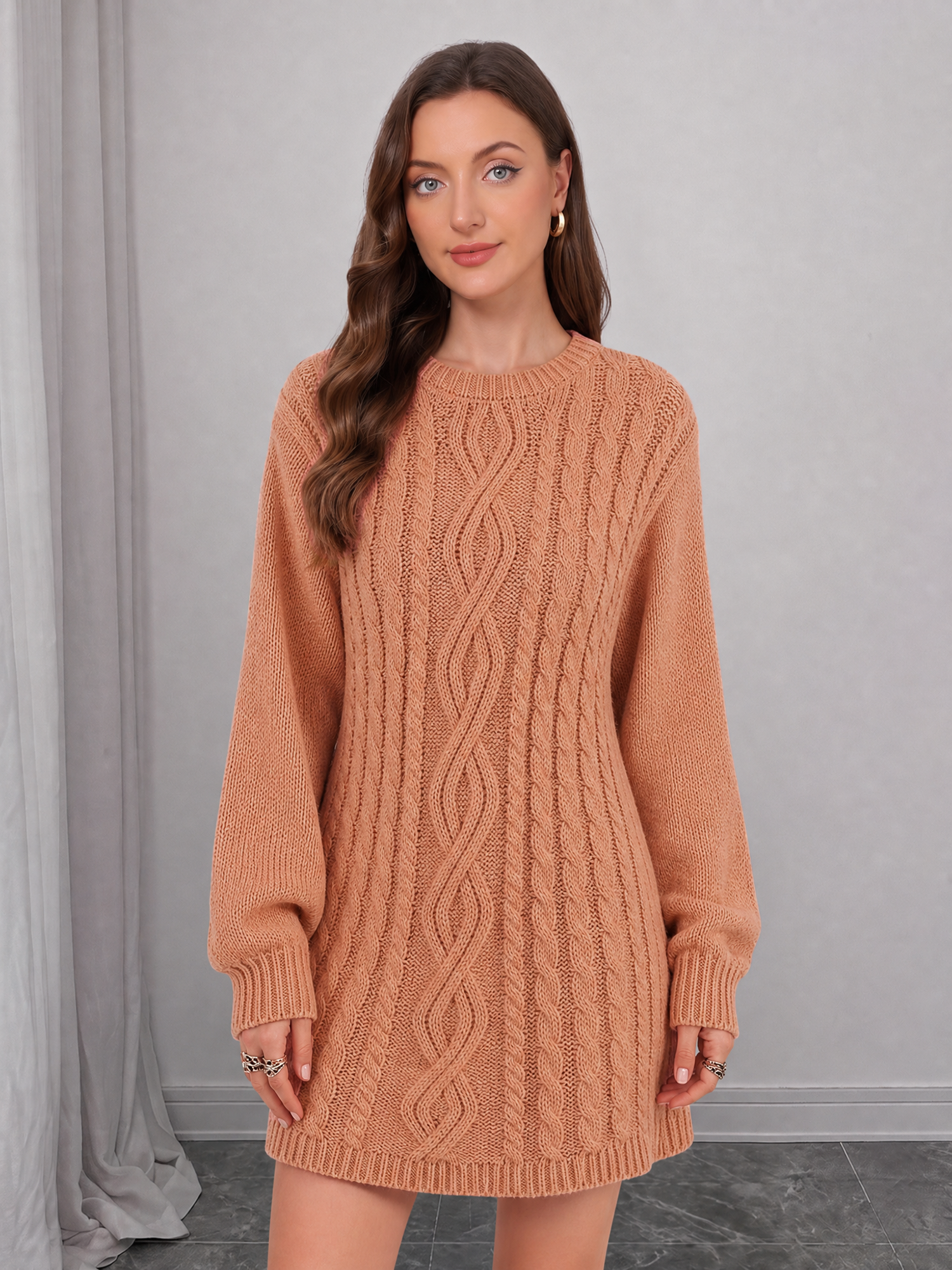 Cable Knit Long Sleeves Solid Color Mini Sweater Dress Pink/S