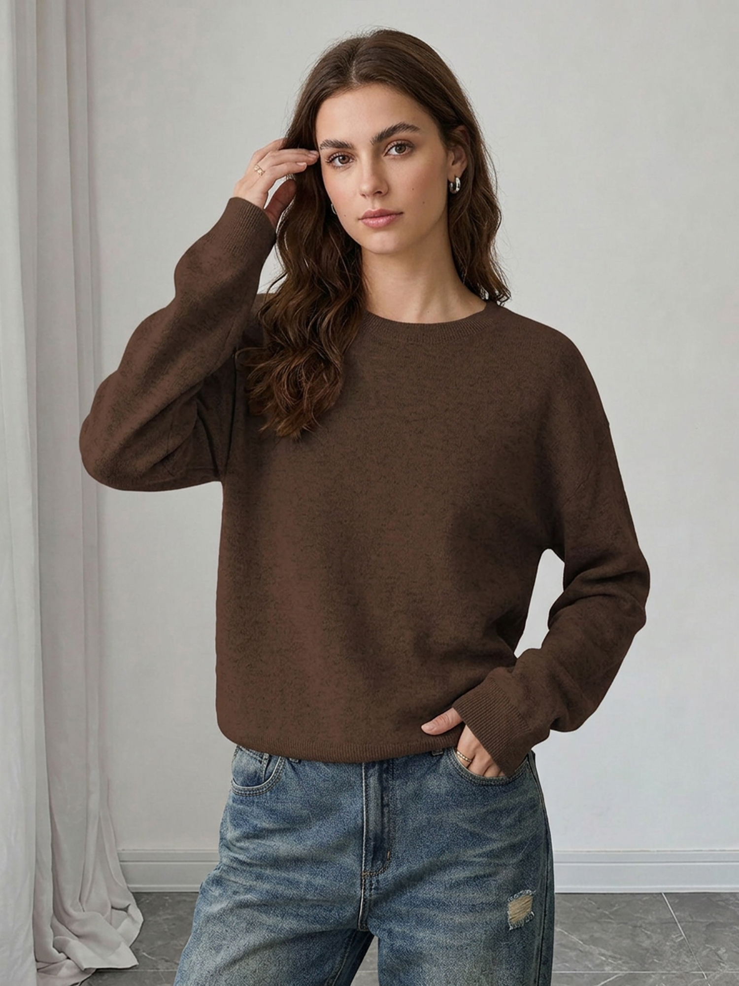 Round Neck Loose Striped Long Sleeve Sweater with Shawl Coffee/L