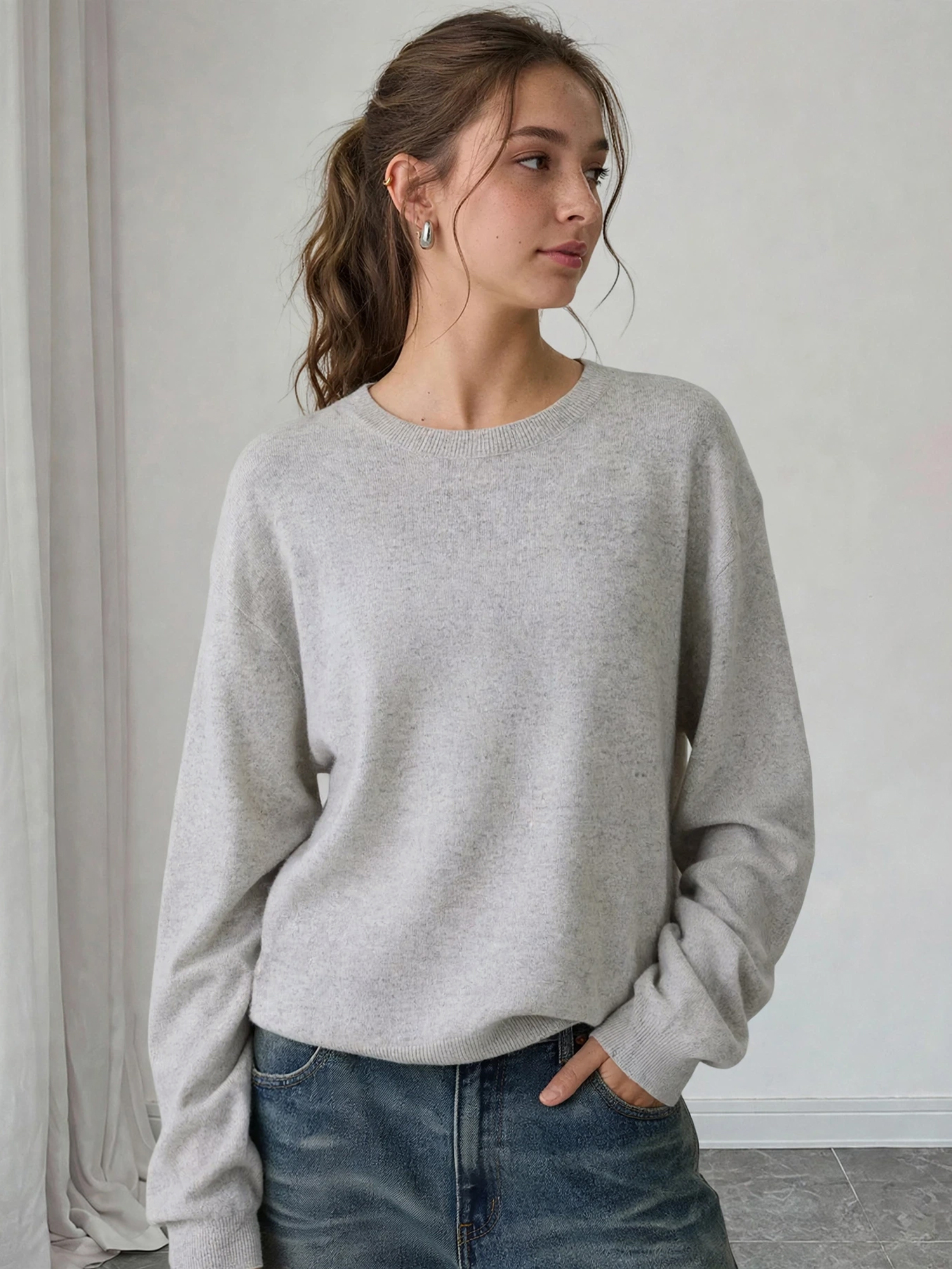 Round Neck Loose Striped Long Sleeve Sweater with Shawl Gray/S