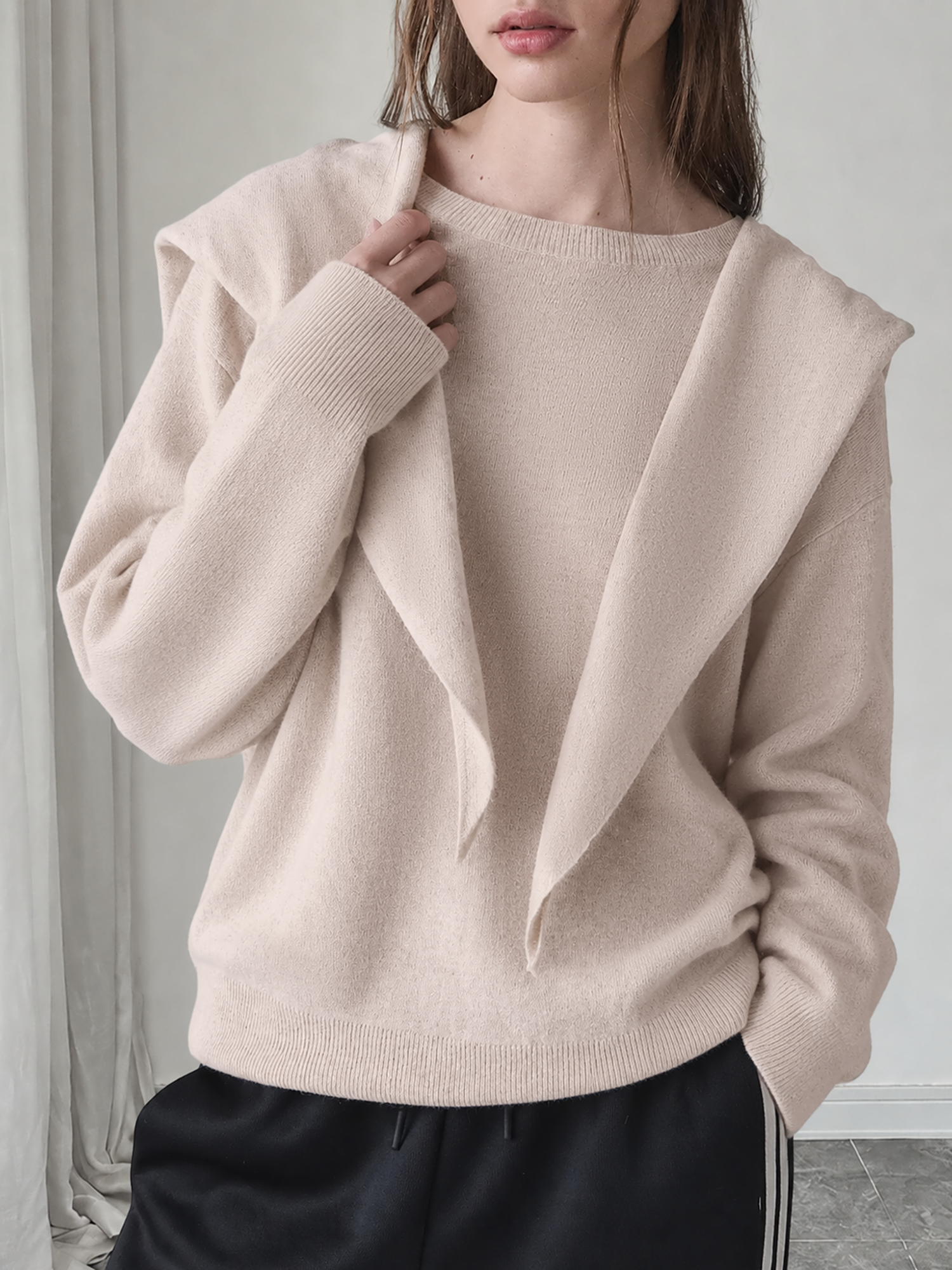 Round Neck Loose Striped Long Sleeve Sweater with Shawl Apricot/XL