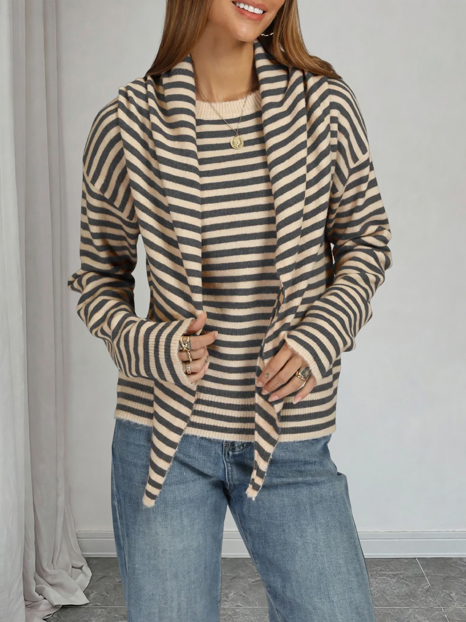 Round Neck Loose Striped Long Sleeve Sweater with Shawl Dark Gray/M